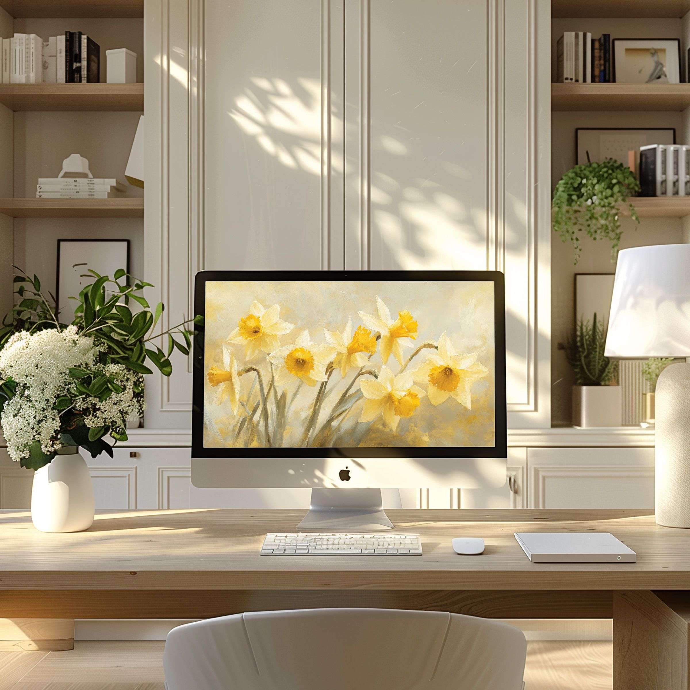 Elegant daffodil digital art wallpaper for computer adds calm and inspiration to modern home office PC and laptop setups