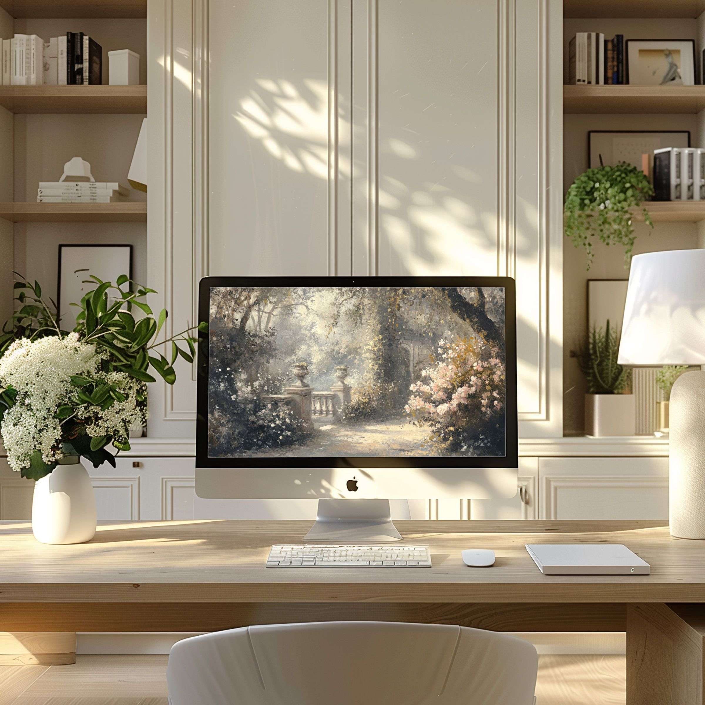 Elegant garden-themed wallpaper for computer in modern home office inspires calm, fits PC or laptop for digital download