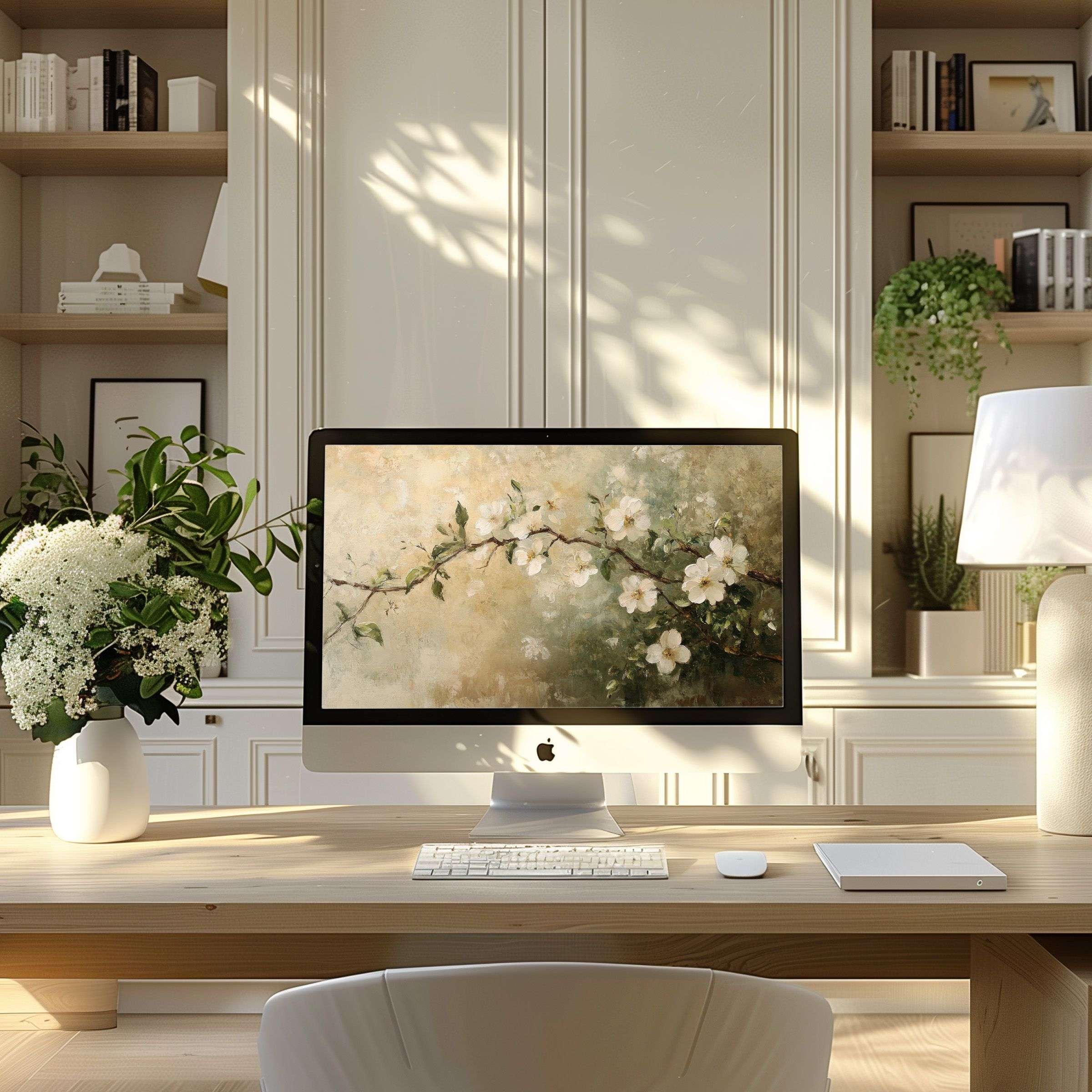 Elegant floral wallpaper for computer or laptop creating a calming workspace for your PC modern home office digital download
