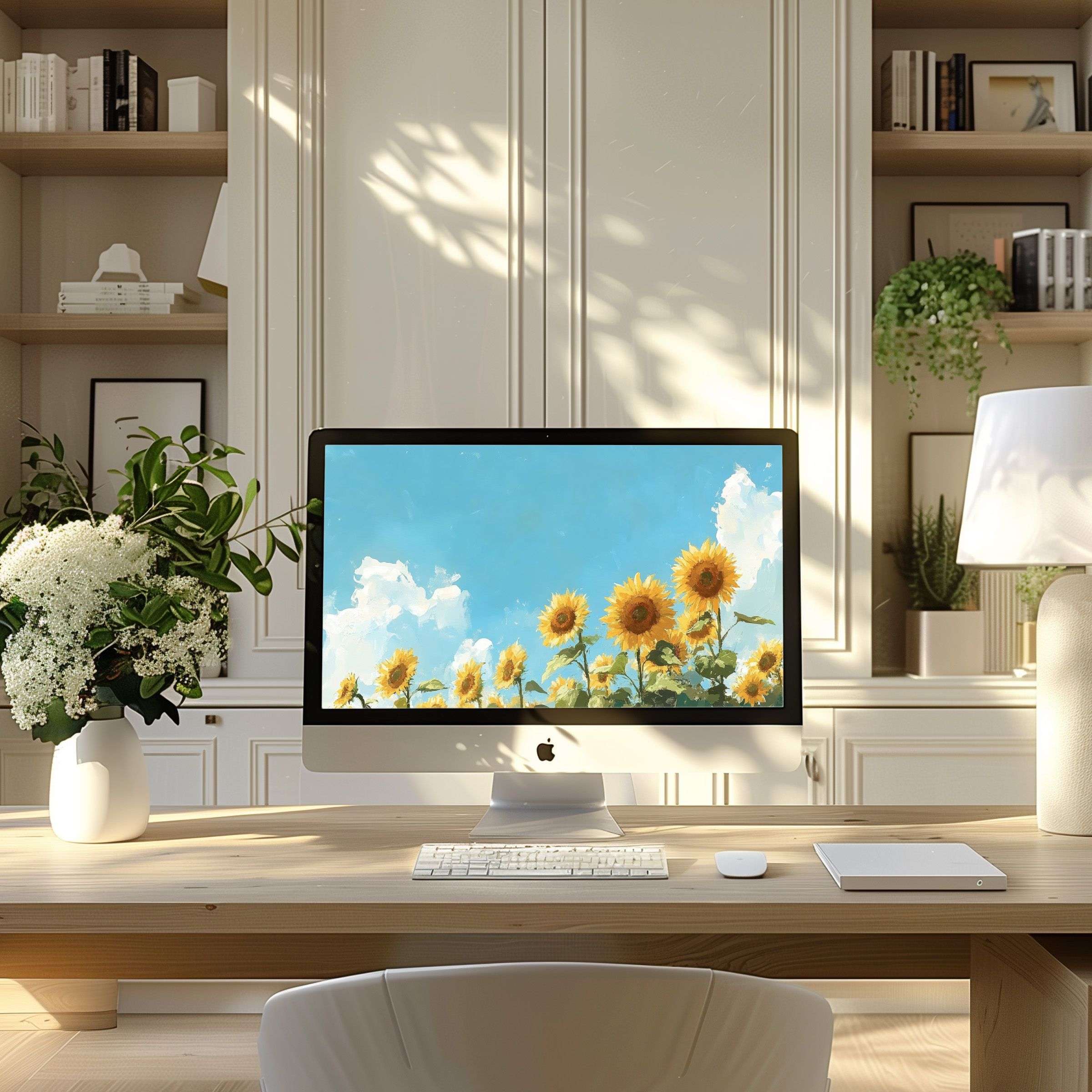 Serene sunflower digital wallpaper for computer enhances modern home office decor, fitting PC and laptop for elegant inspiration