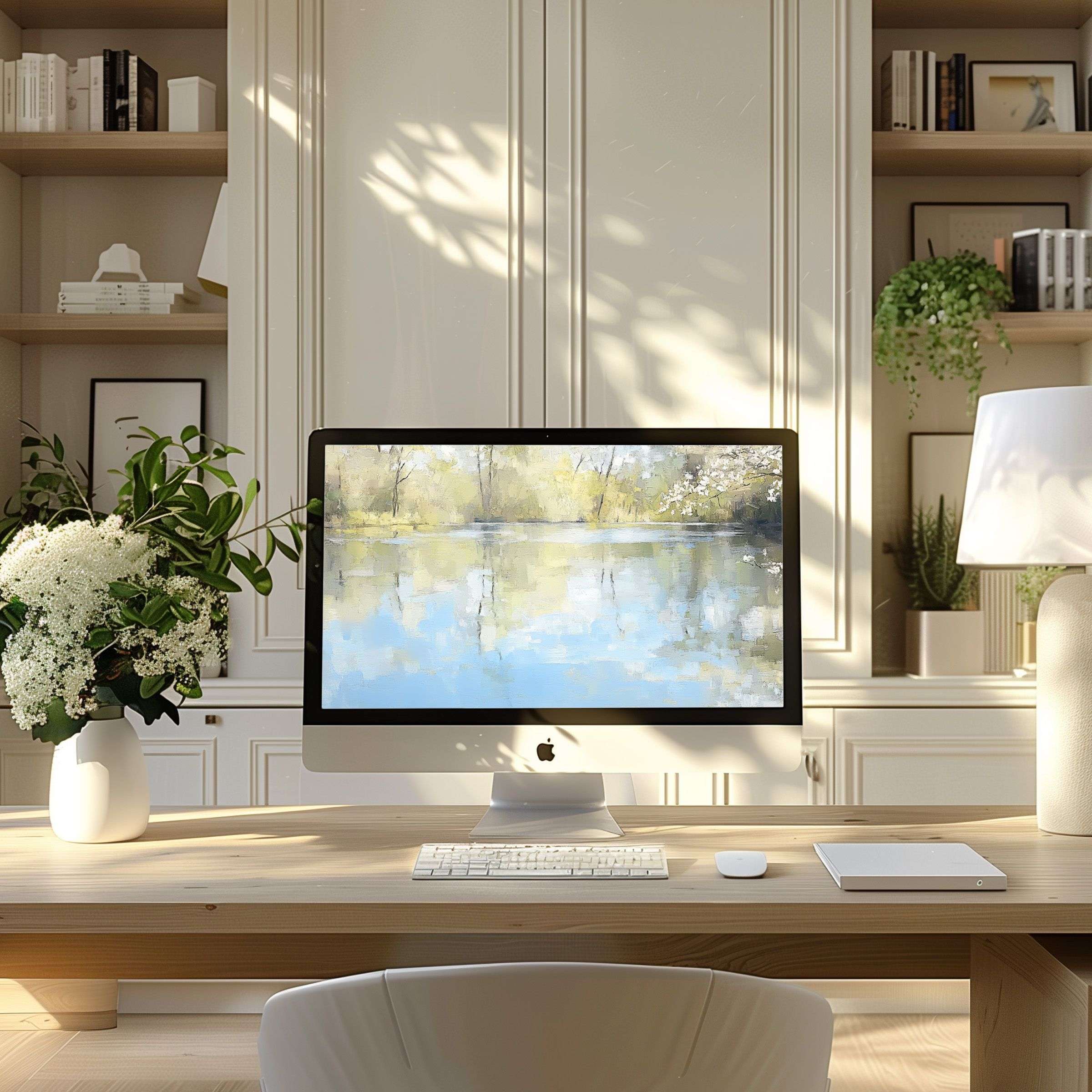 Elegant landscape art wallpaper for computer brings calm and inspiration to your modern home office on PC or laptop screens