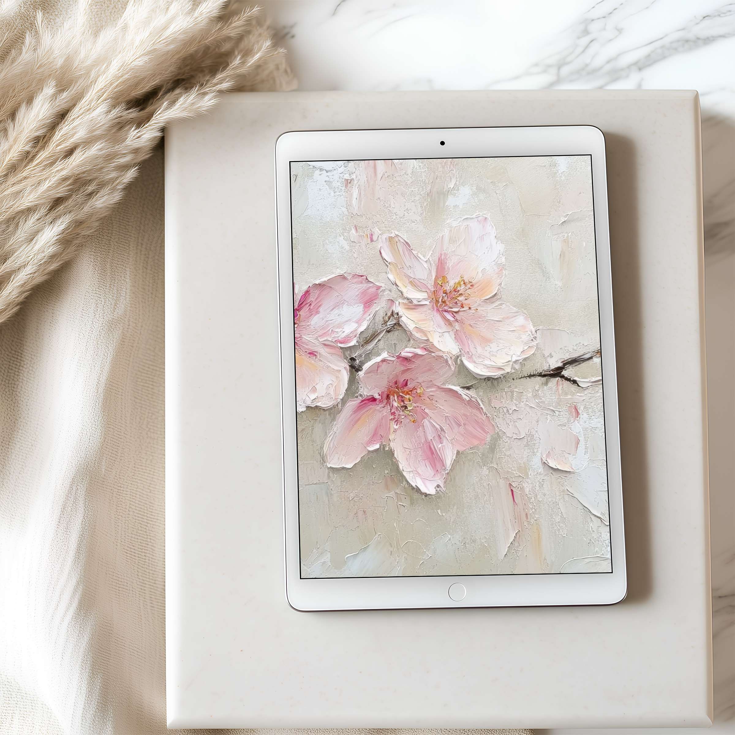 Elegant cherry blossom tablet wallpaper in soft pink tones, perfect for iPad or Android, enhancing calm with high-resolution beauty