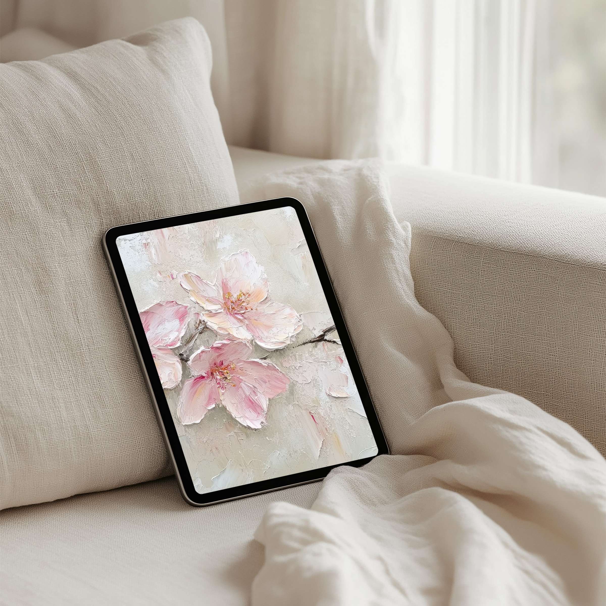 Elegant iPad background with soft pink blossoms offers instant download for any tablet inspiring calm and mindful aesthetics