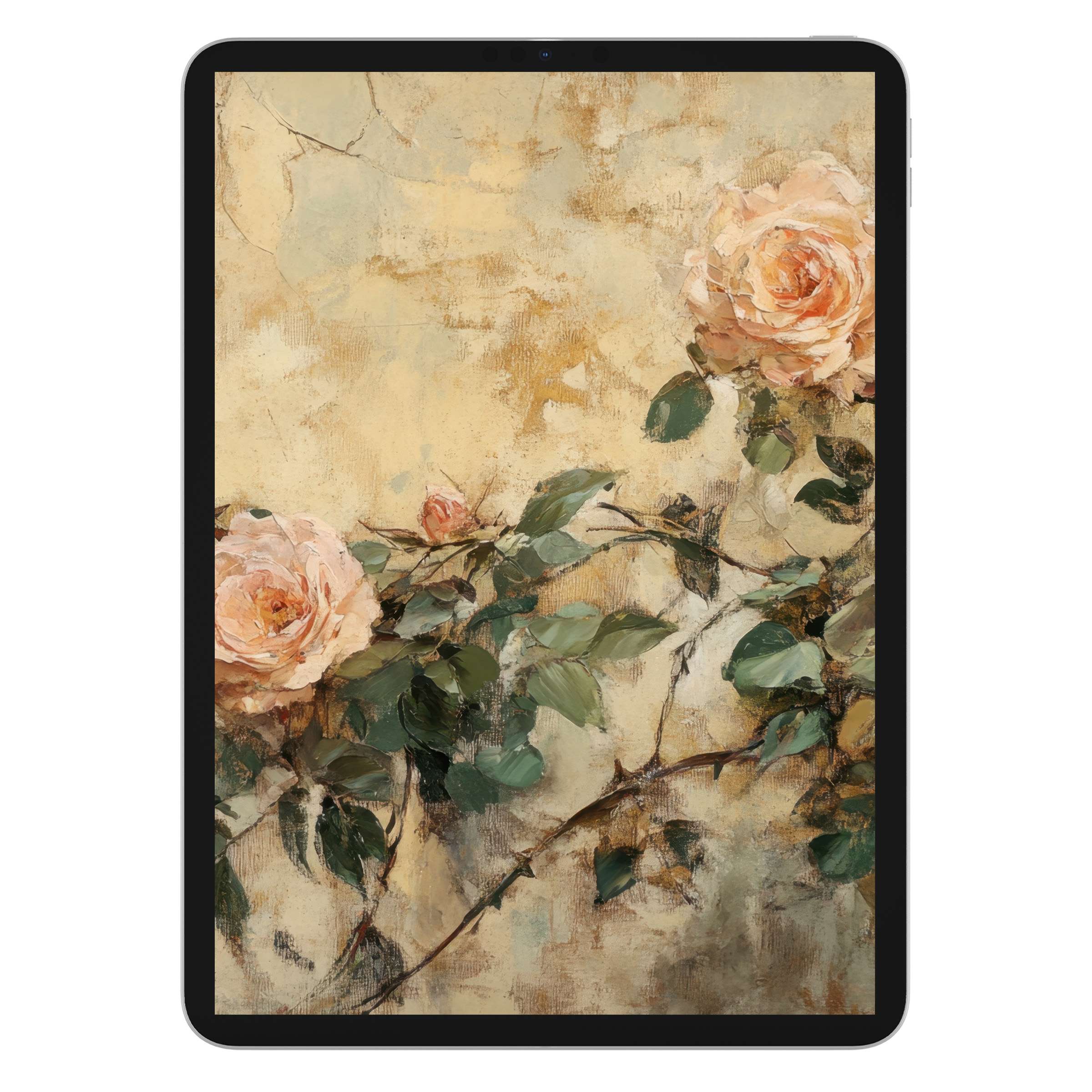Elegant spring iPad wallpaper features soft roses against a textured background for a calming digital download, ideal for tablets