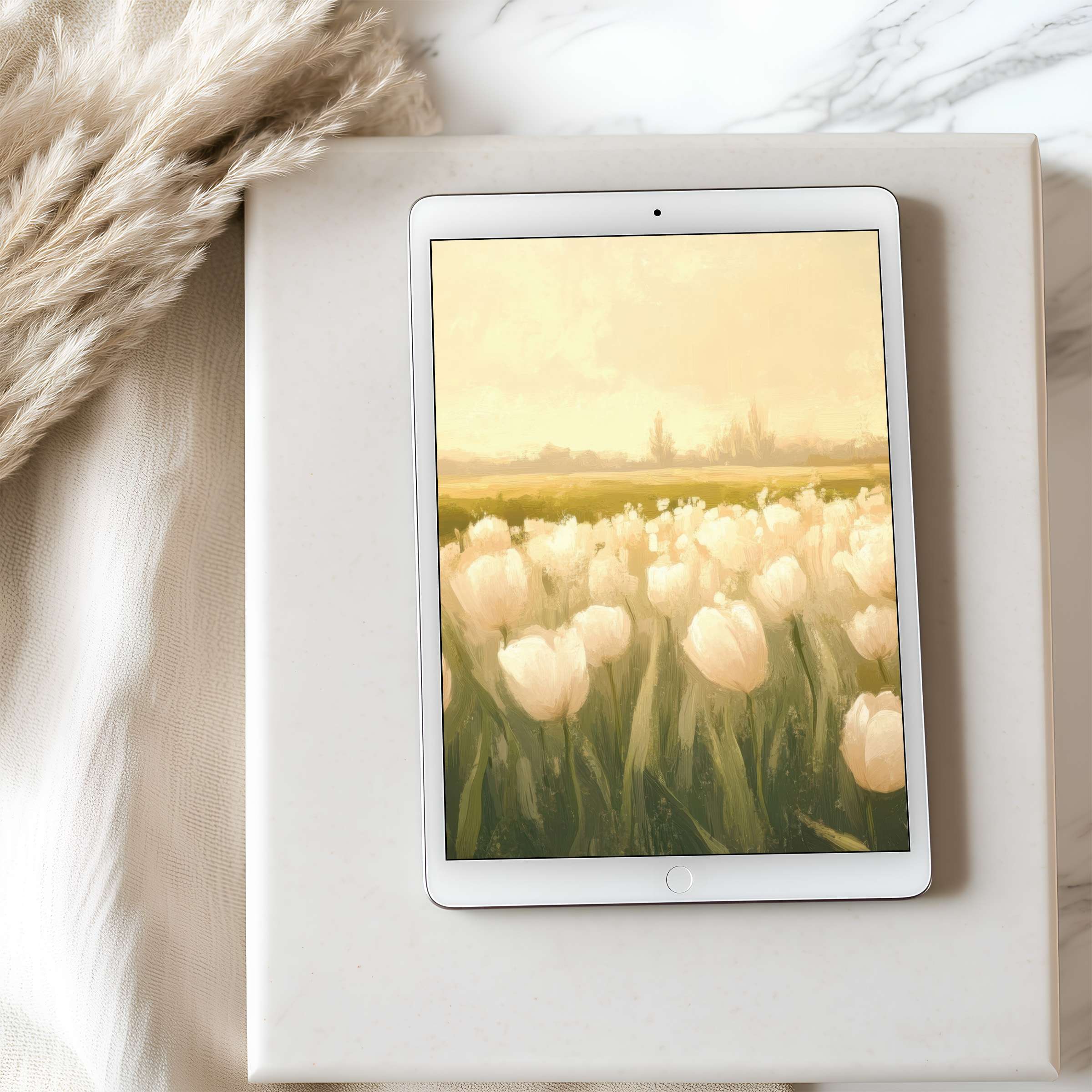 Serene tablet wallpaper depicting a lush tulip field in pastel tones, perfect for iPad high resolution digital download