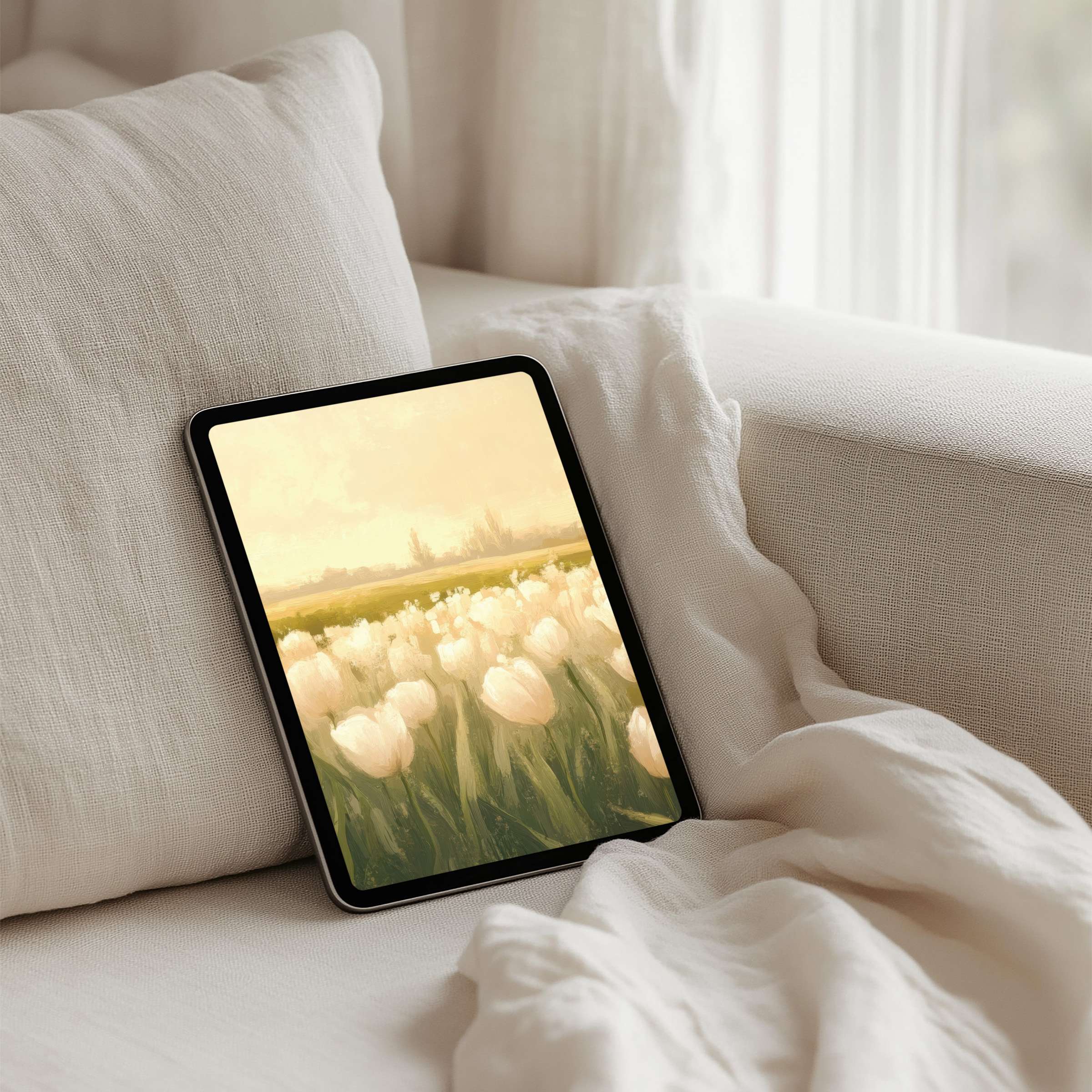 Elegant iPad background featuring serene tulip field painting for tablet instant download inspires calm mindfulness and beauty