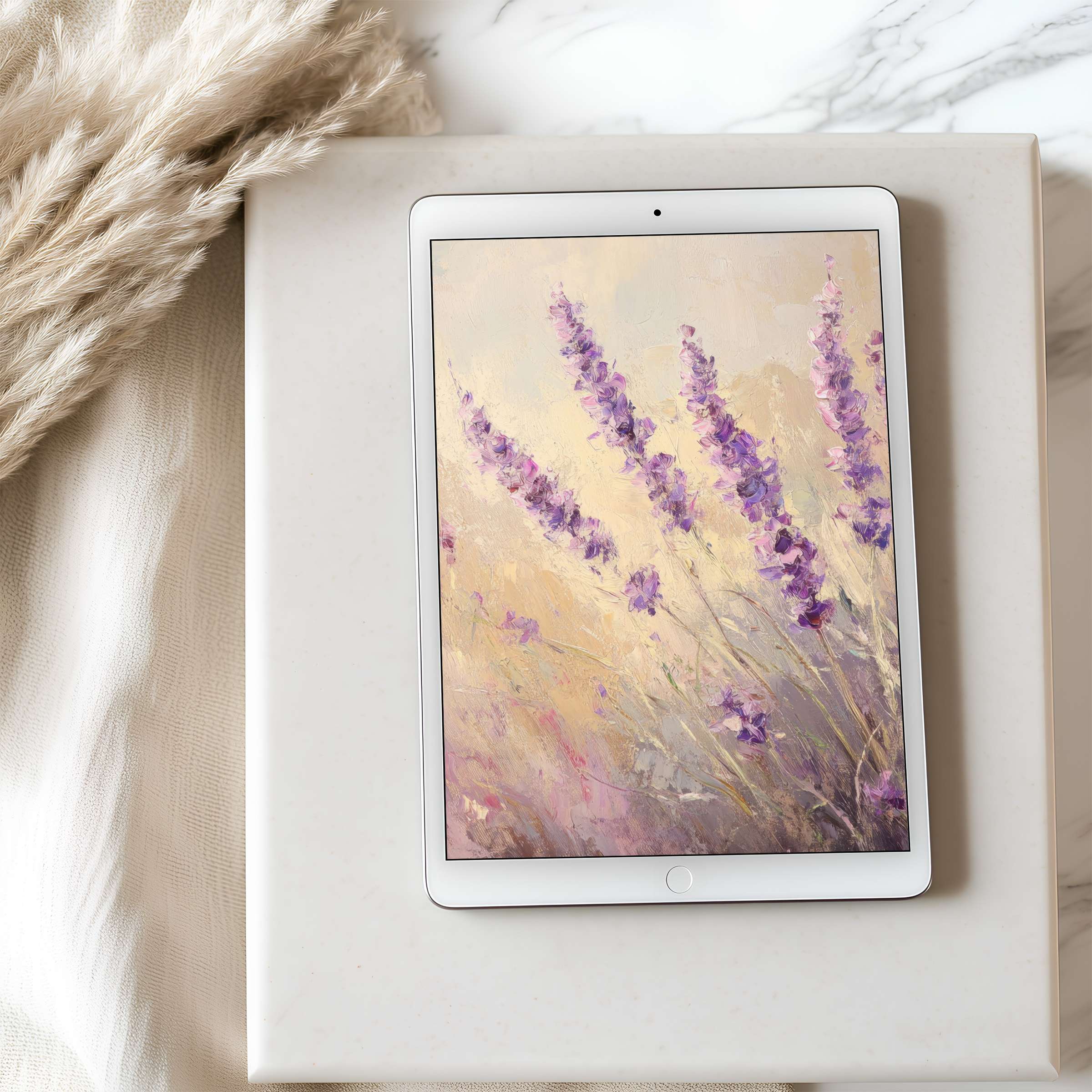 Elegant tablet wallpaper featuring lavender art in soft purple hues set against a serene beige backdrop ideal for iPad download