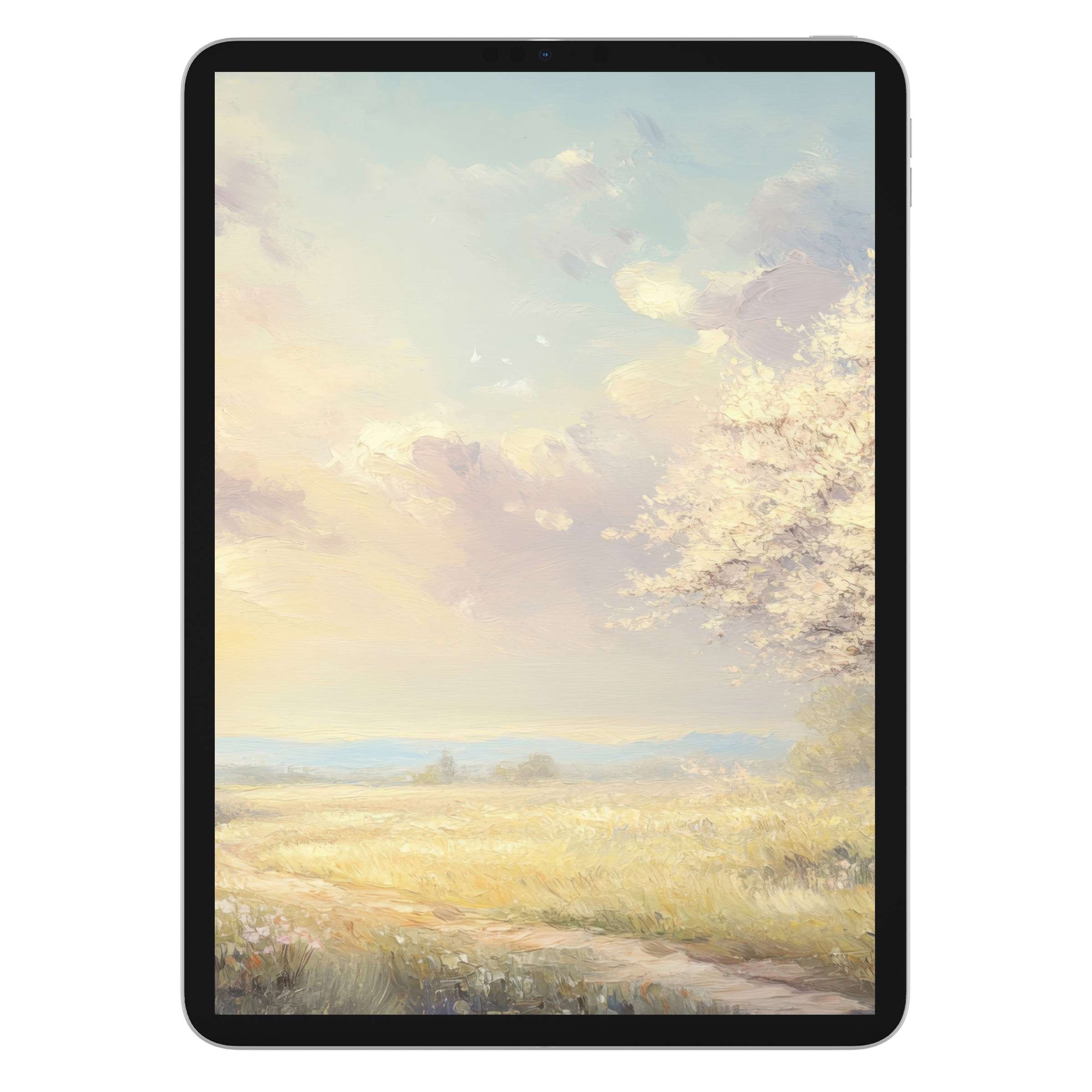 Serene spring iPad wallpaper digital download features a pastel landscape, creating a soothing tablet background for all devices