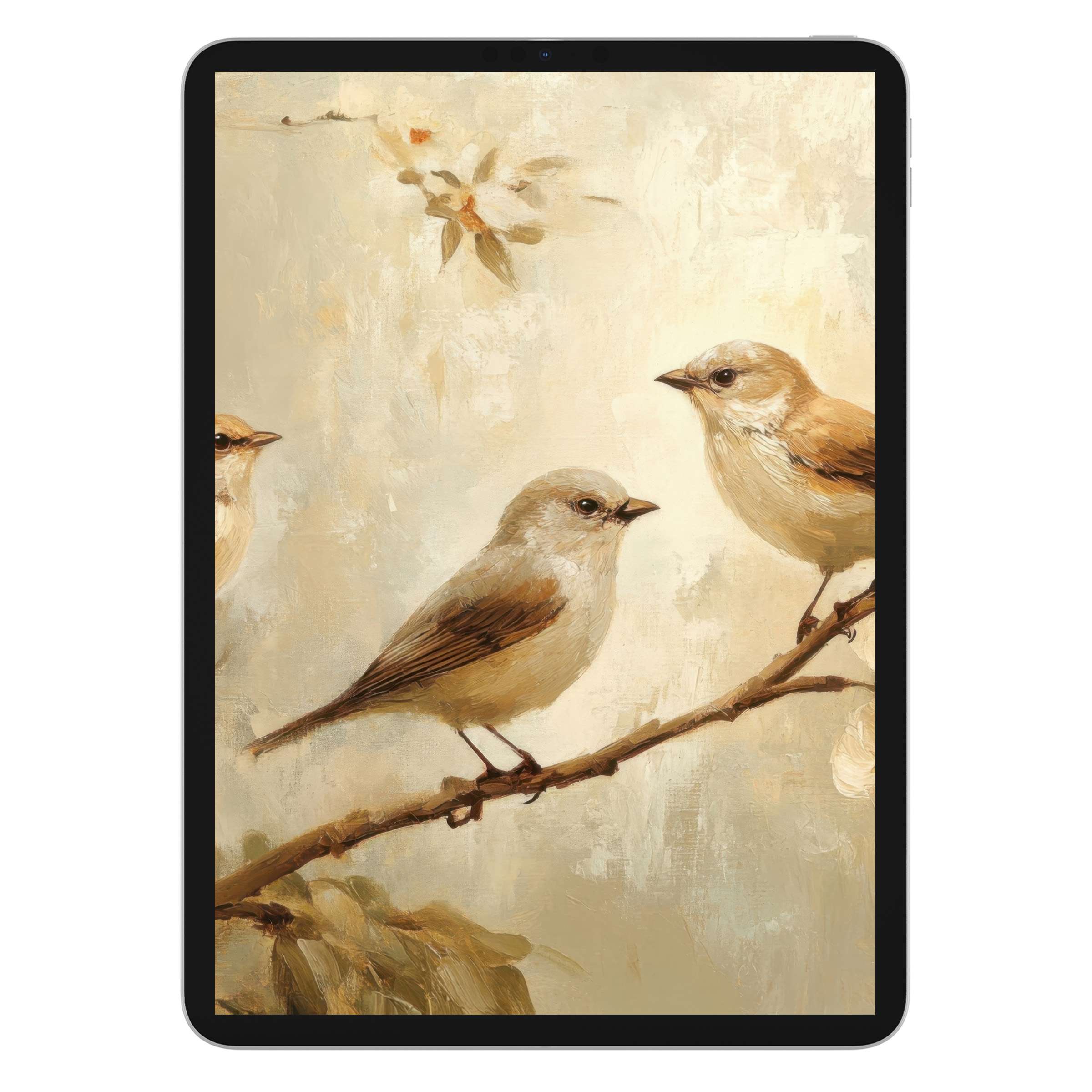 Serene spring iPad wallpaper with birds on a branch, offering an elegant digital download background for any tablet device