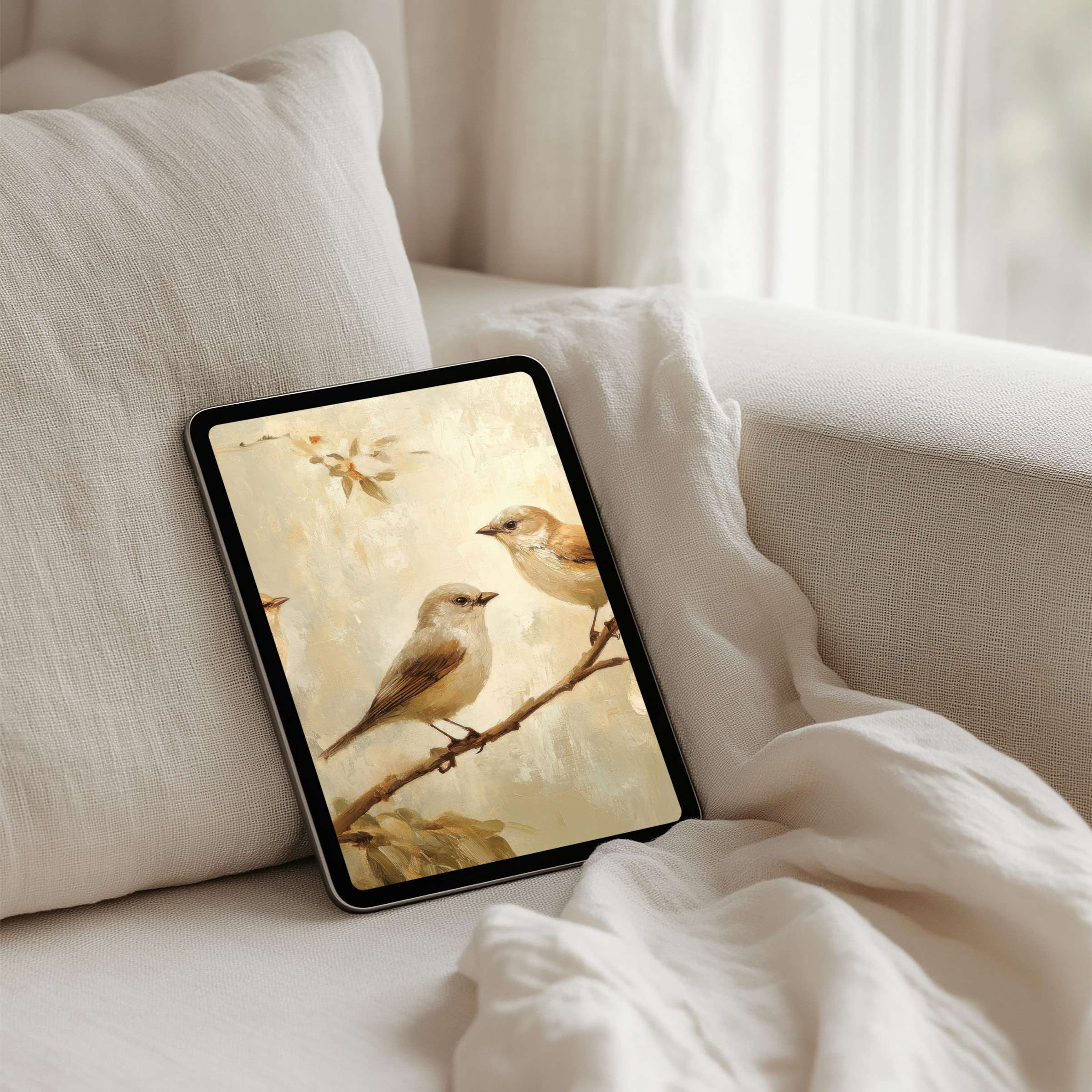 Serene watercolor sparrows on an iPad background create an elegant atmosphere, perfect for tablet users seeking instant download tranquility