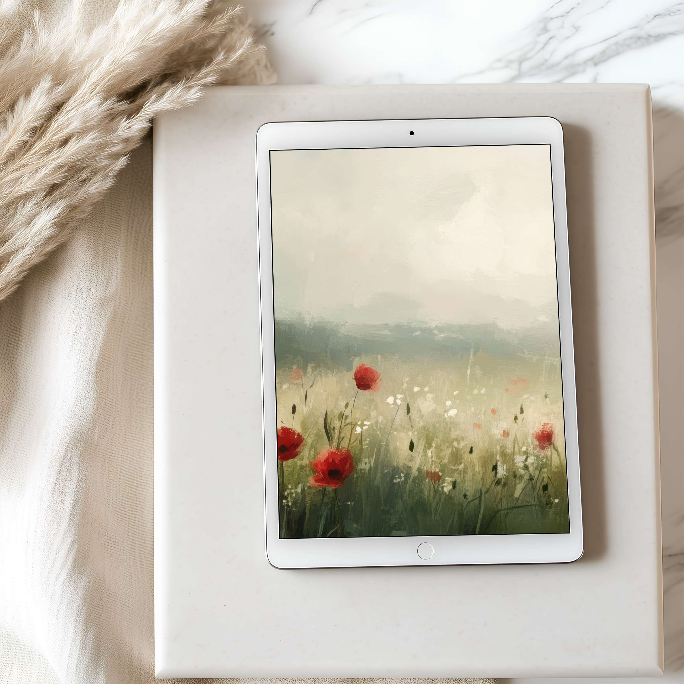 Elegant tablet wallpaper featuring soft impressionist meadow with red poppies, perfect for high resolution iPad and Android screens