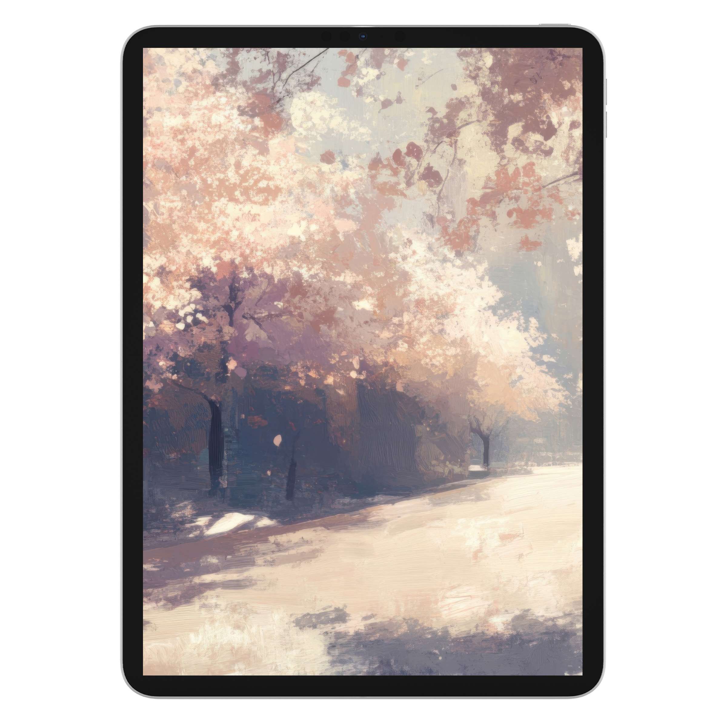 Elegant spring iPad wallpaper featuring pastel trees inspires calm; ideal digital download for sophisticated tablet backgrounds