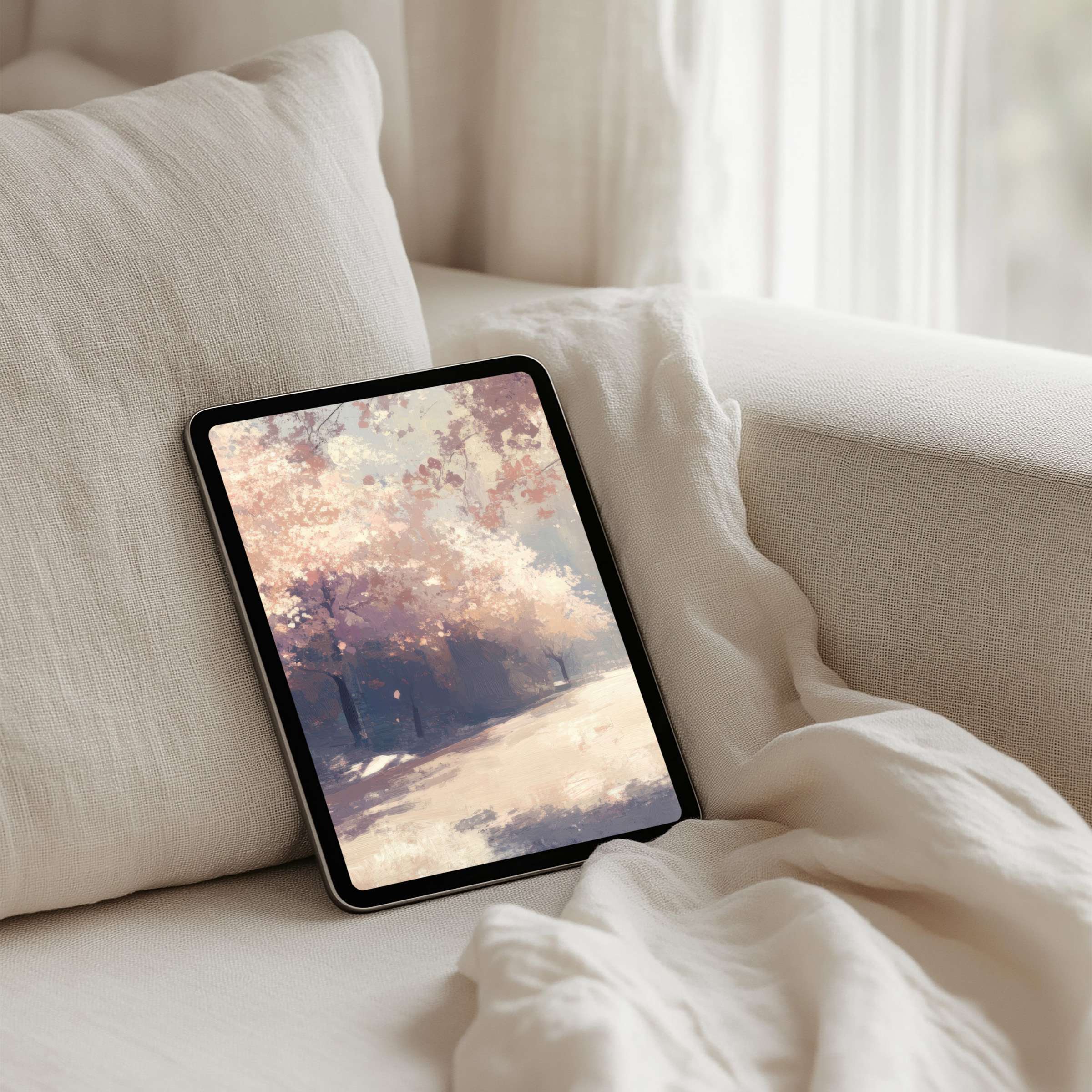 Soft pastel landscape on iPad background offers calm inspiration for any tablet user seeking elegance and instant download bliss