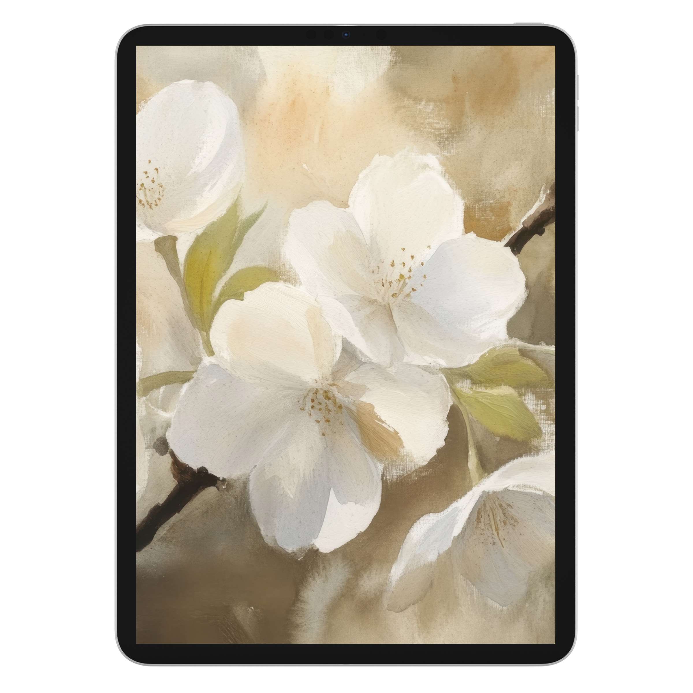 Elegant spring iPad wallpaper featuring white flowers and soft beige hues; digital download for tablet background enhances serenity