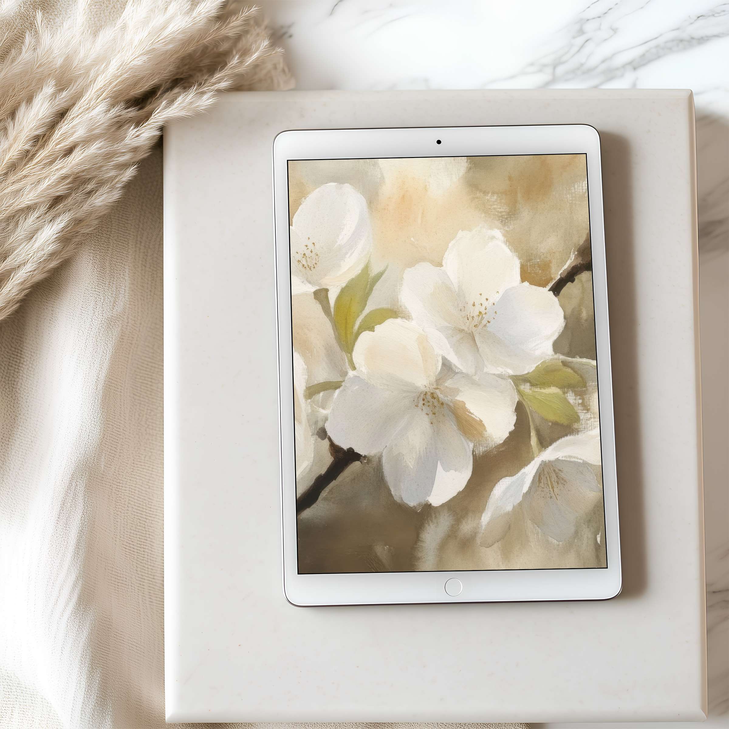 Elegant floral tablet wallpaper with soft beige and white hues, perfect for a curated iPad or Android digital download ambiance