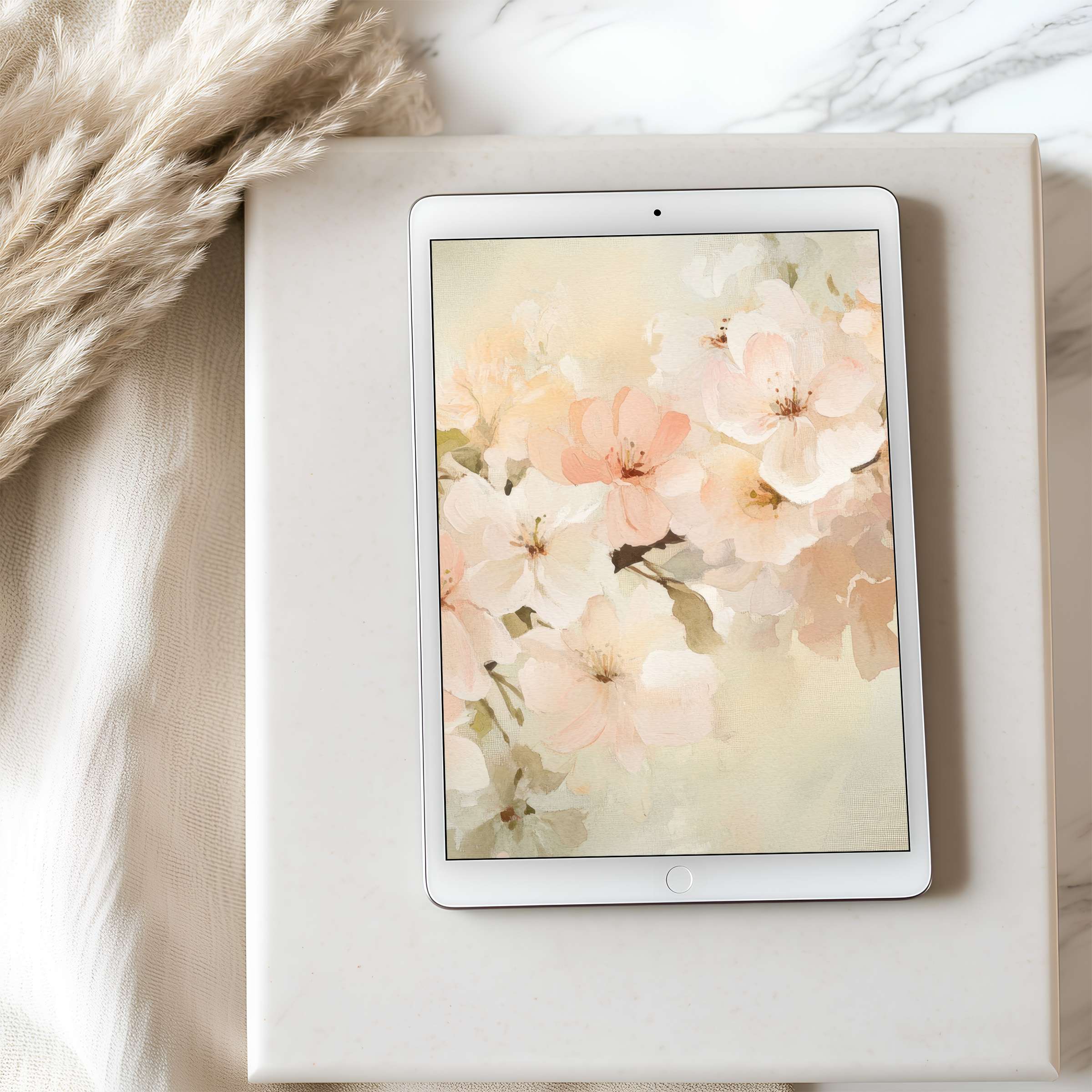Elegant floral tablet wallpaper featuring soft pastel blooms on an iPad, perfect high resolution digital download for calming spaces