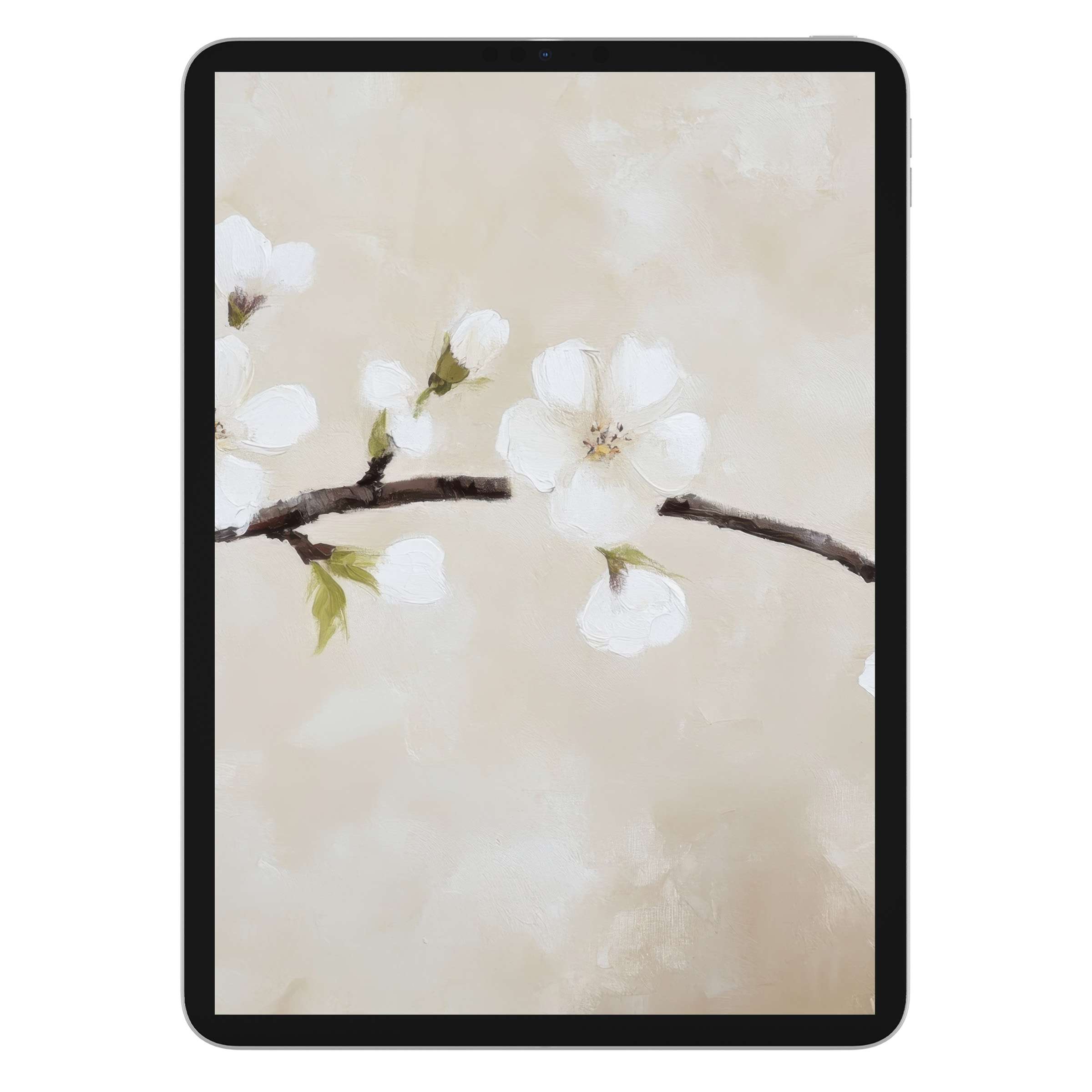 Elegant spring iPad wallpaper featuring delicate white blossoms on a soft beige background for digital download, ideal for tablet use