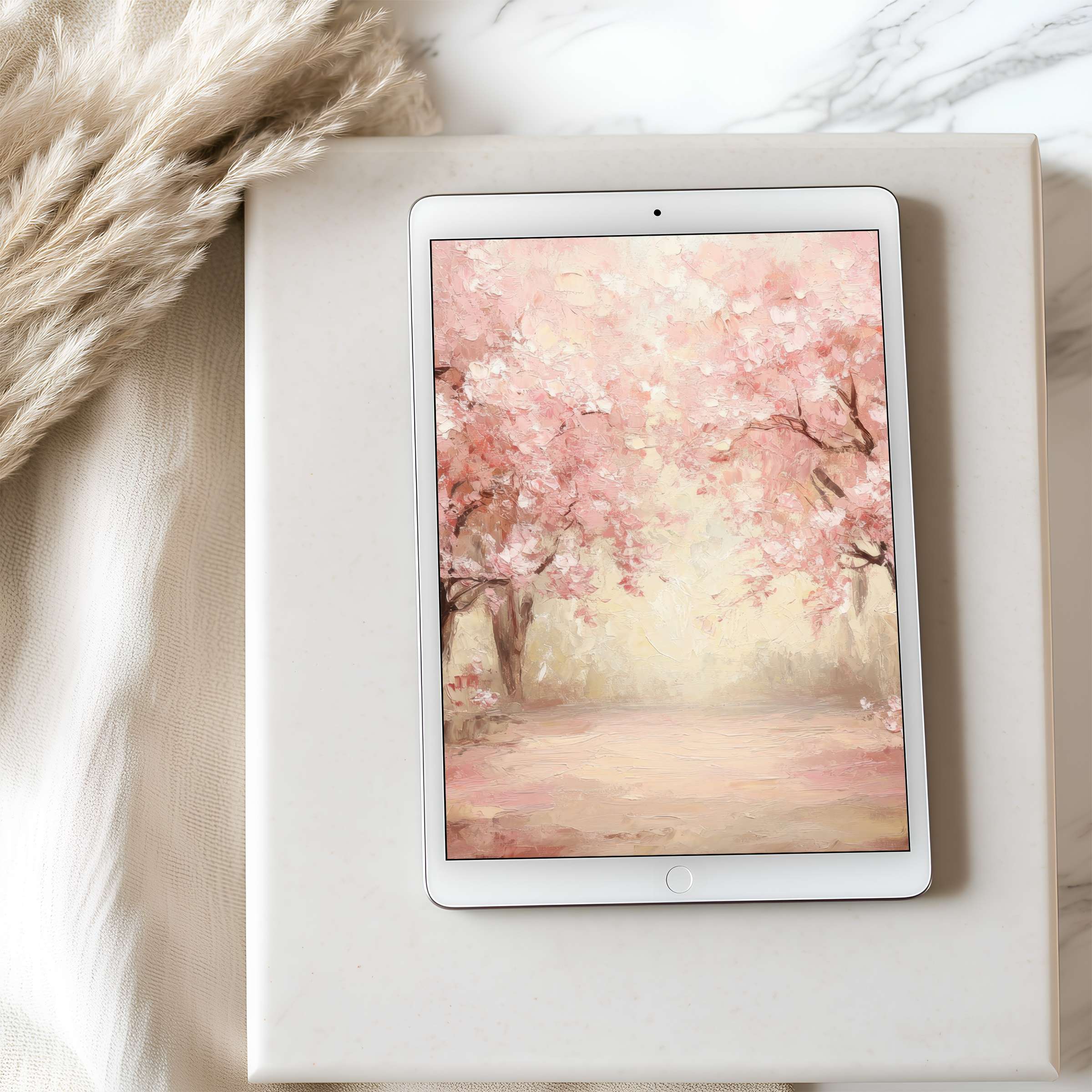 Elegant tablet wallpaper with pastel cherry blossoms, ideal for iPad High resolution digital art download adds serenity to any space
