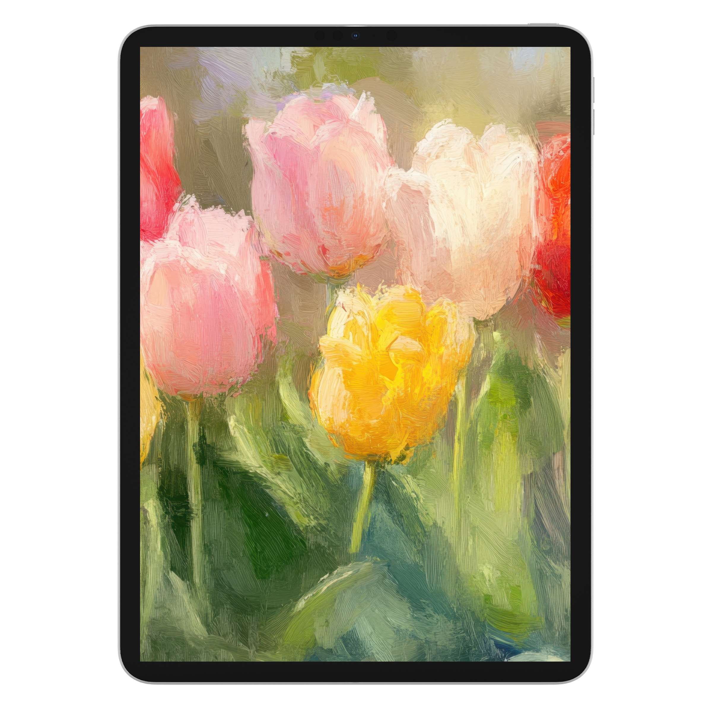 Spring iPad wallpaper featuring vibrant tulips in impressionist style offers a serene digital download for tablet backgrounds