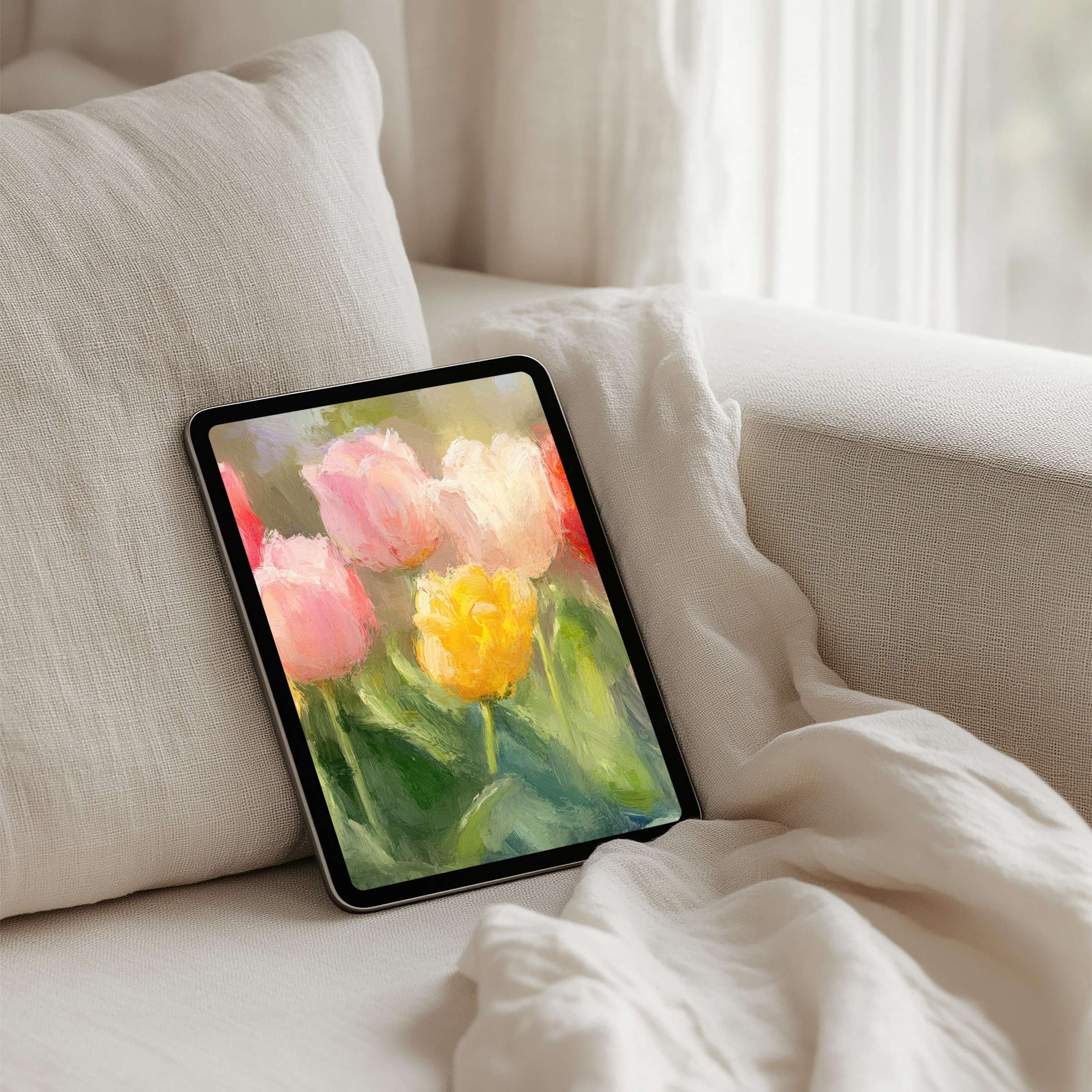 Elegant iPad background with soft pastel tulips creates a calm, mindful ambiance for tablet users seeking instant download inspiration
