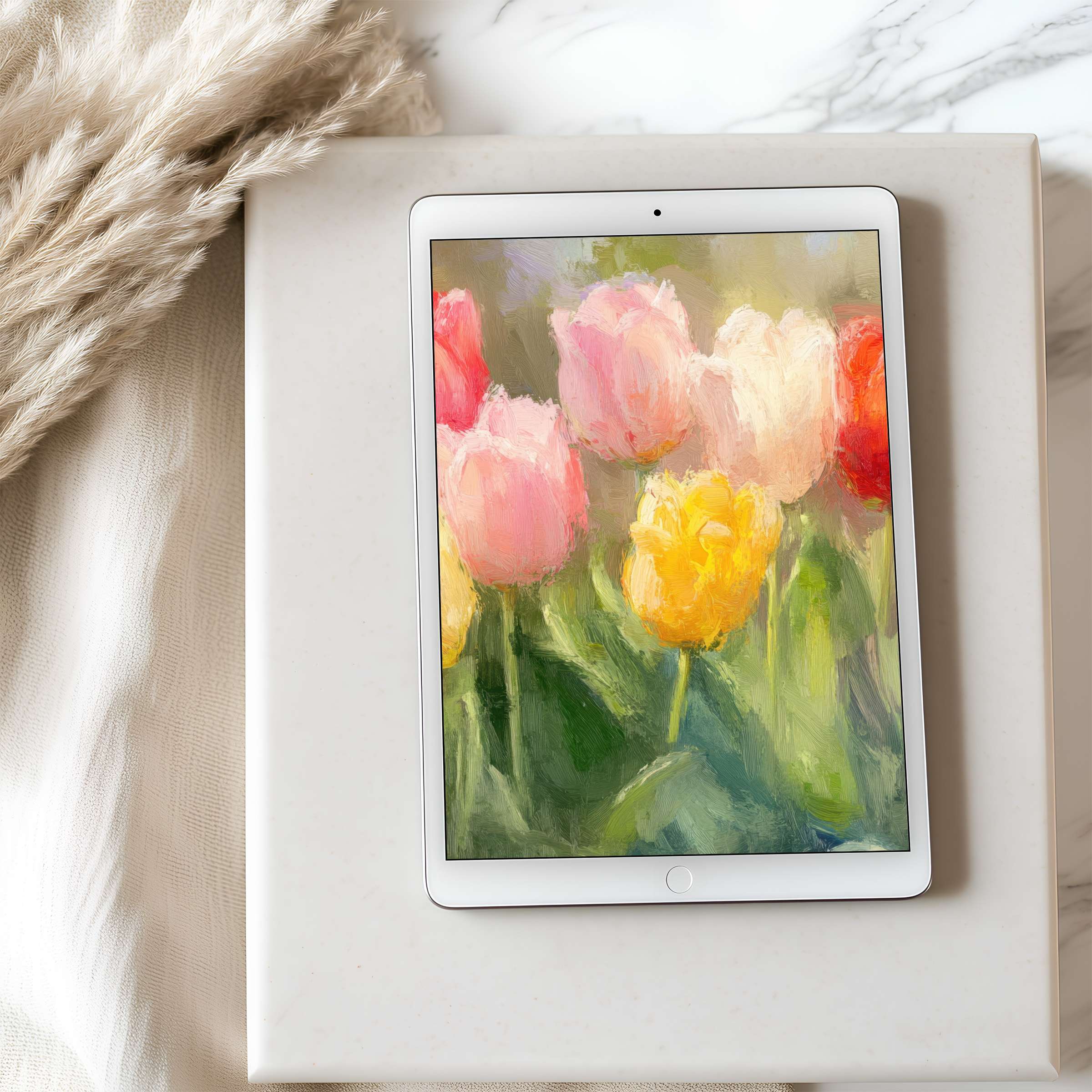 Colorful impressionist tulip painting on tablet wallpaper for iPad or Android adds elegant serenity to any digital space high resolution