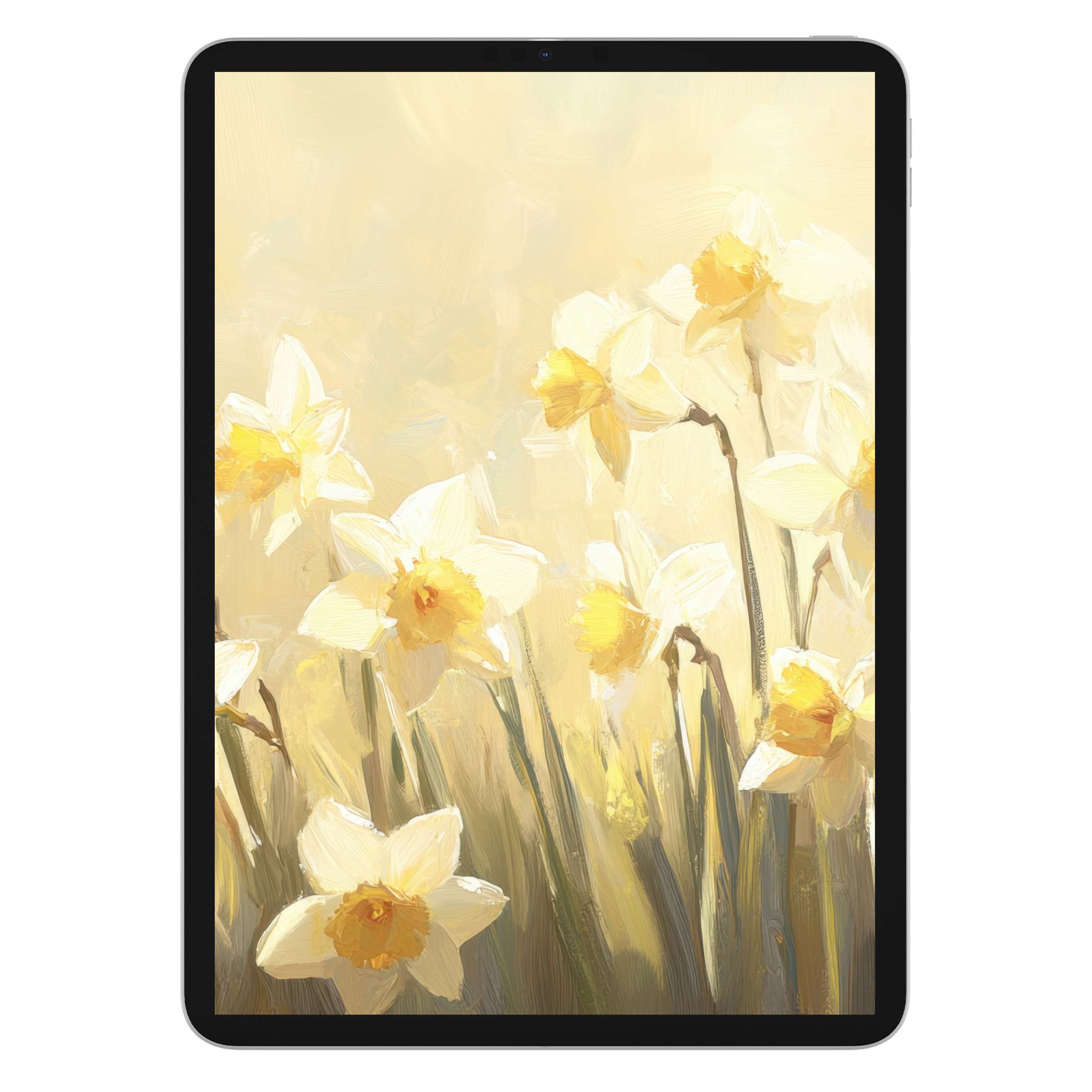 Elegant spring iPad wallpaper featuring yellow and white daffodils, perfect digital download for serene tablet backgrounds