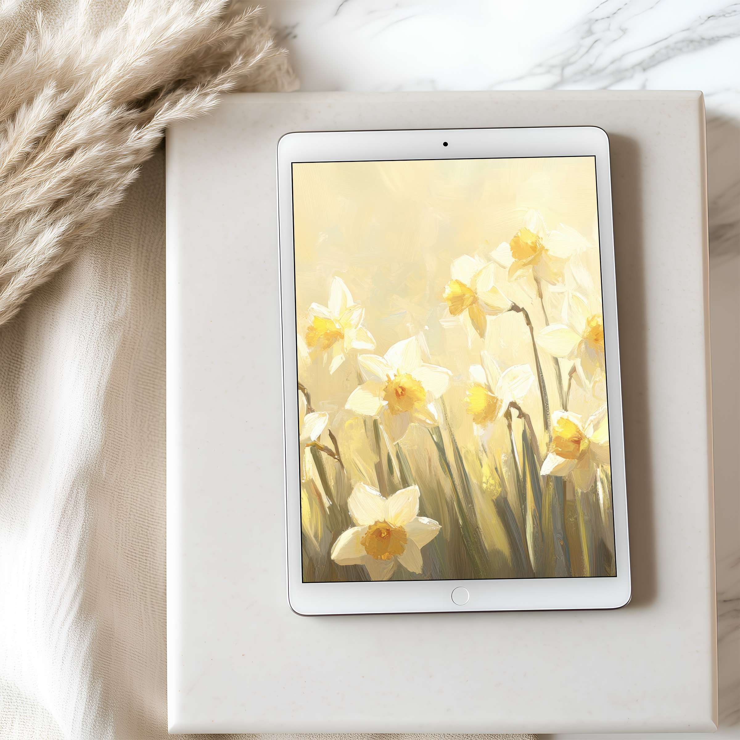 Elevate your tablet wallpaper with elegant daffodil painting in soft yellows on iPad, perfect for curated digital downloads