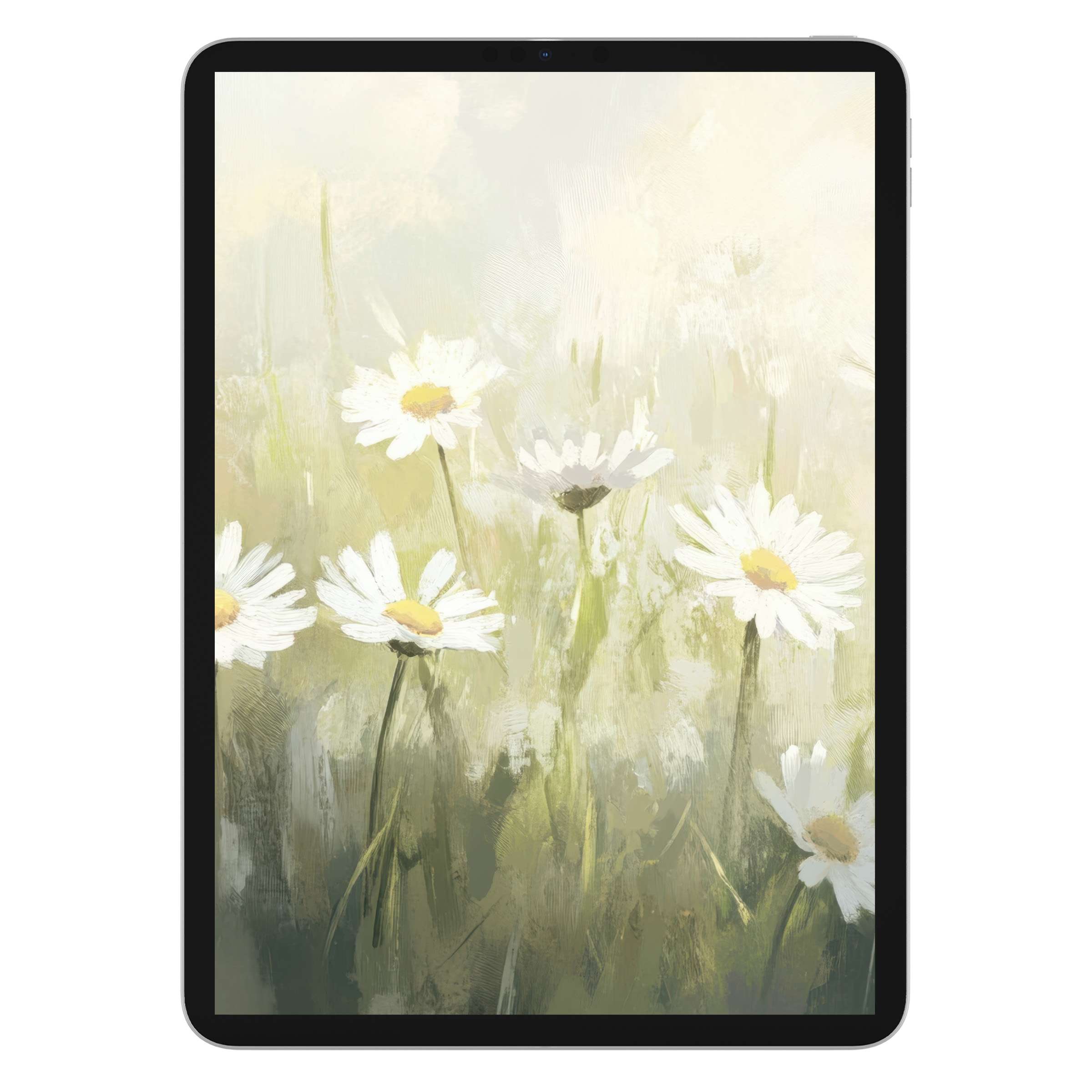 Elegant spring iPad wallpaper featuring impressionist daisies in soft pastels brings calm elegance to your tablet background digital download