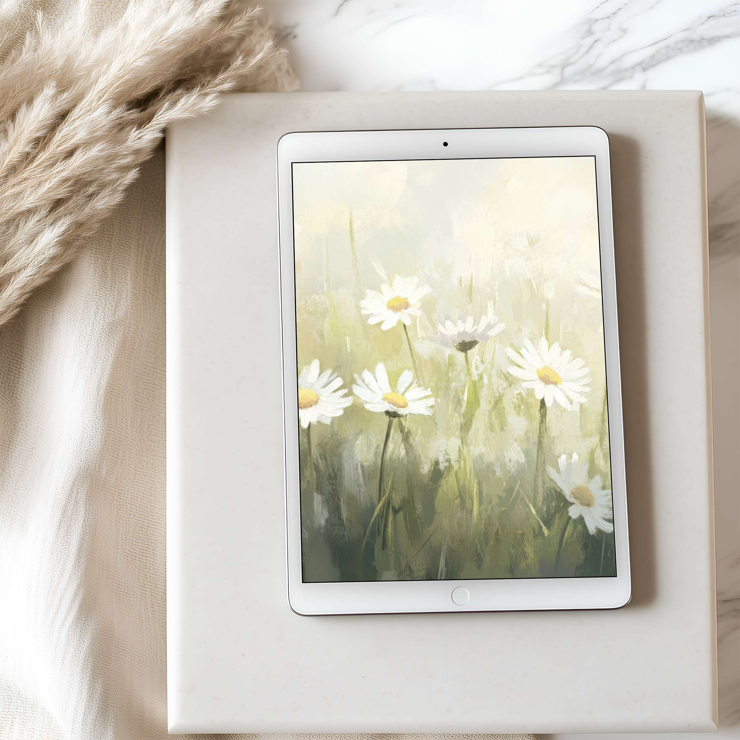 Elegant tablet wallpaper of serene daisies in soft pastels, perfect for high resolution iPad and Android tablet digital downloads