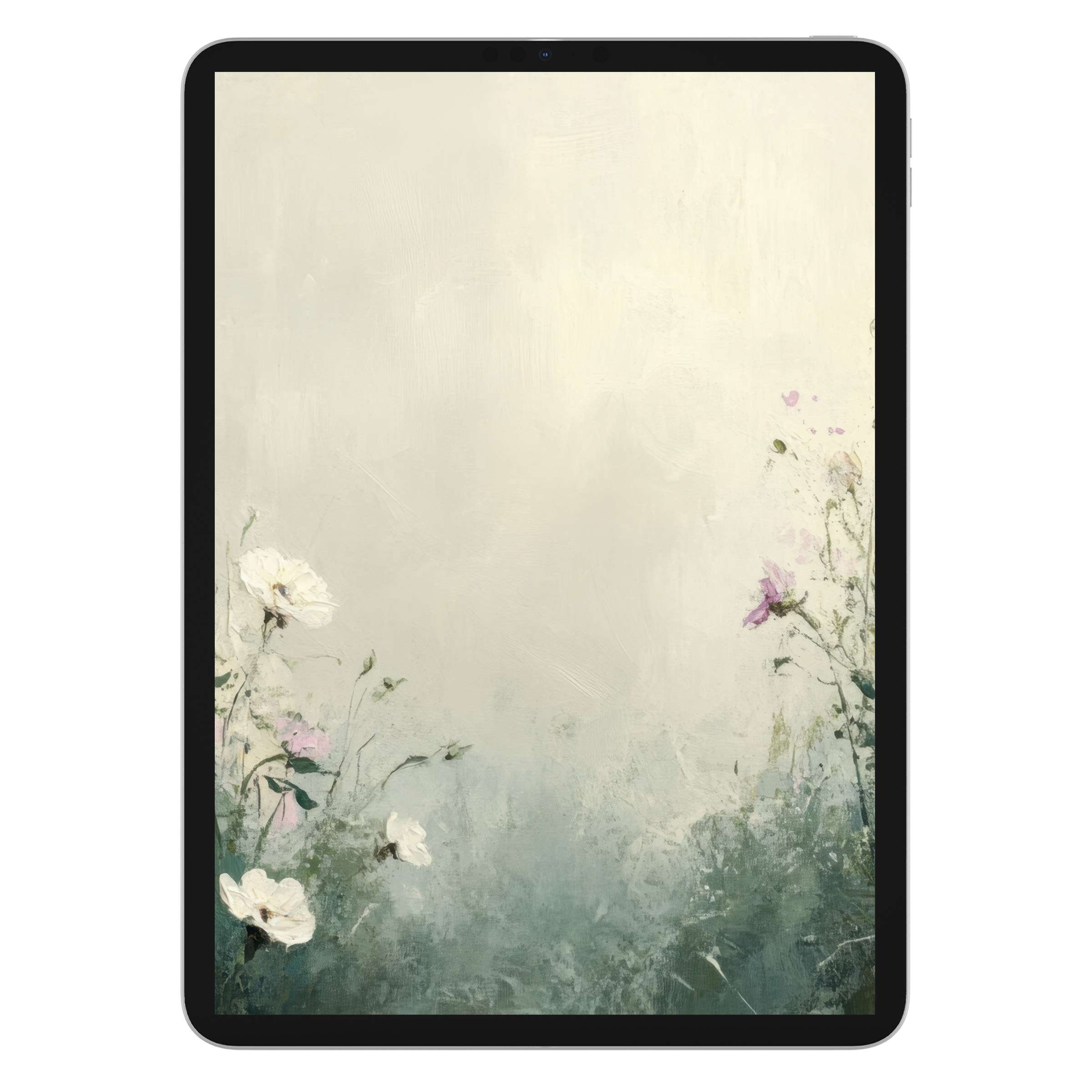Elegant spring iPad wallpaper featuring pastel wildflowers on a serene canvas, perfect digital download background for any tablet user