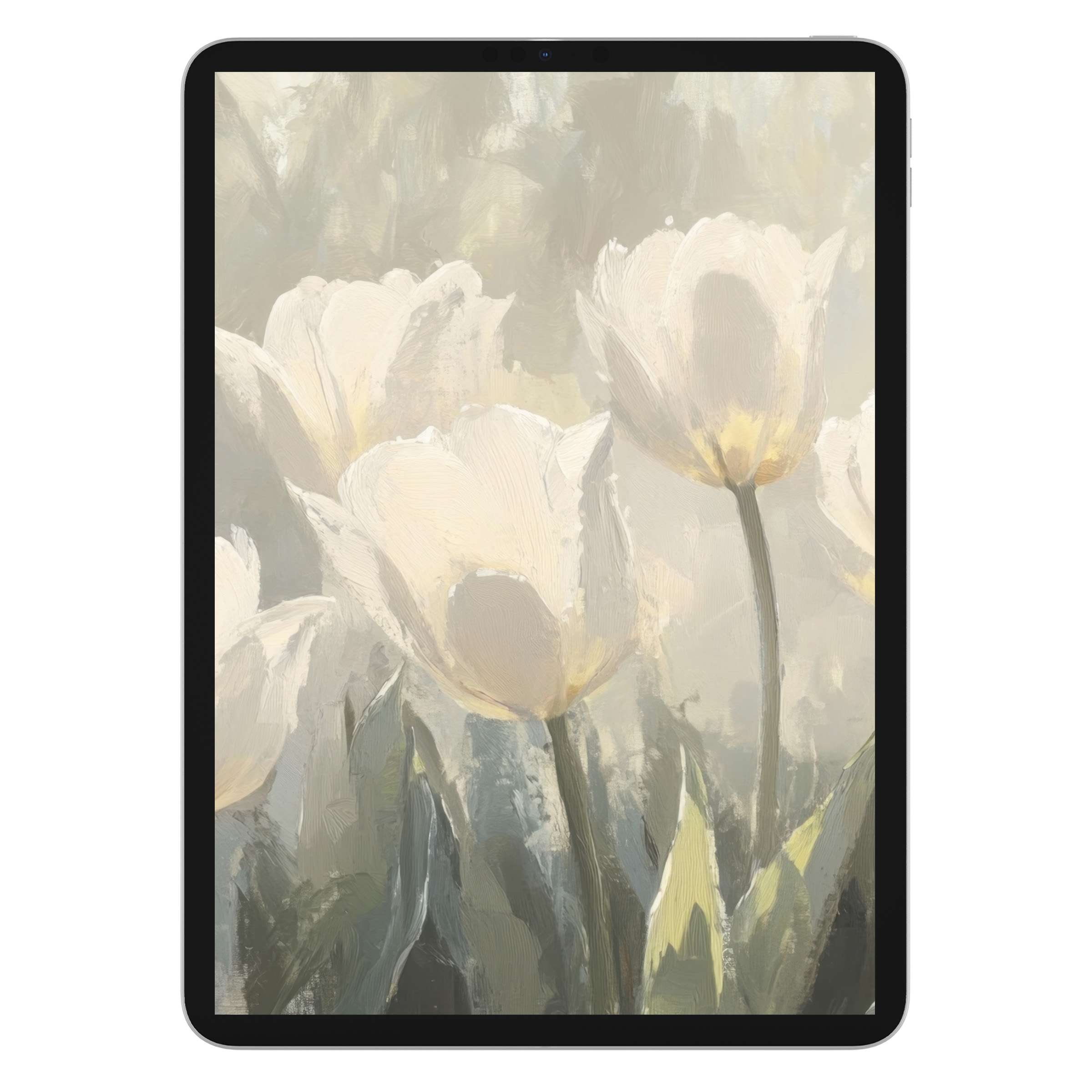 Elegant spring iPad wallpaper with soft white tulips in pastel tones, creating a calm background for any digital download tablet setup