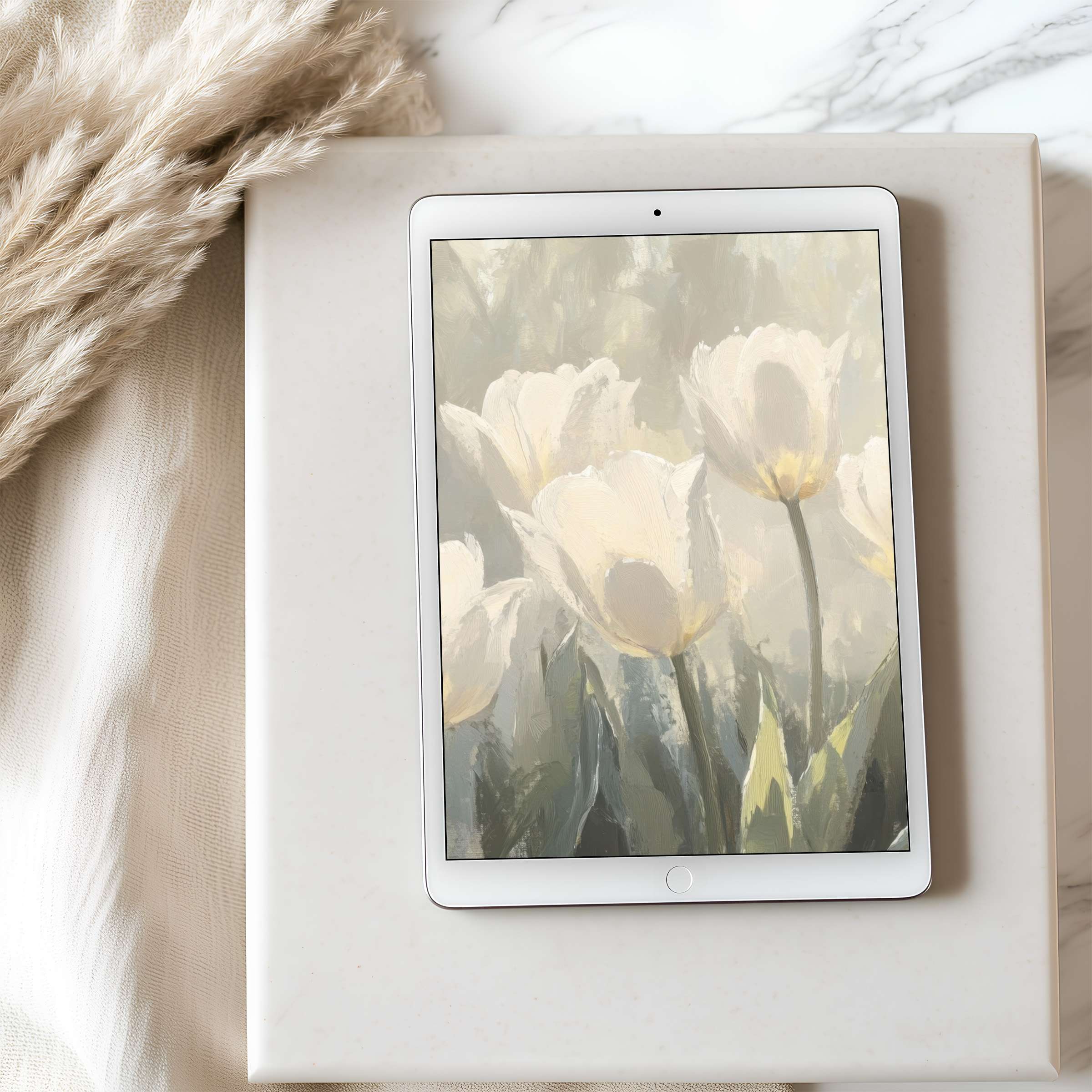 Elegant tablet wallpaper featuring serene white tulips in high resolution, perfect for iPad and Android tablets, offering a calm, aesthetic vibe