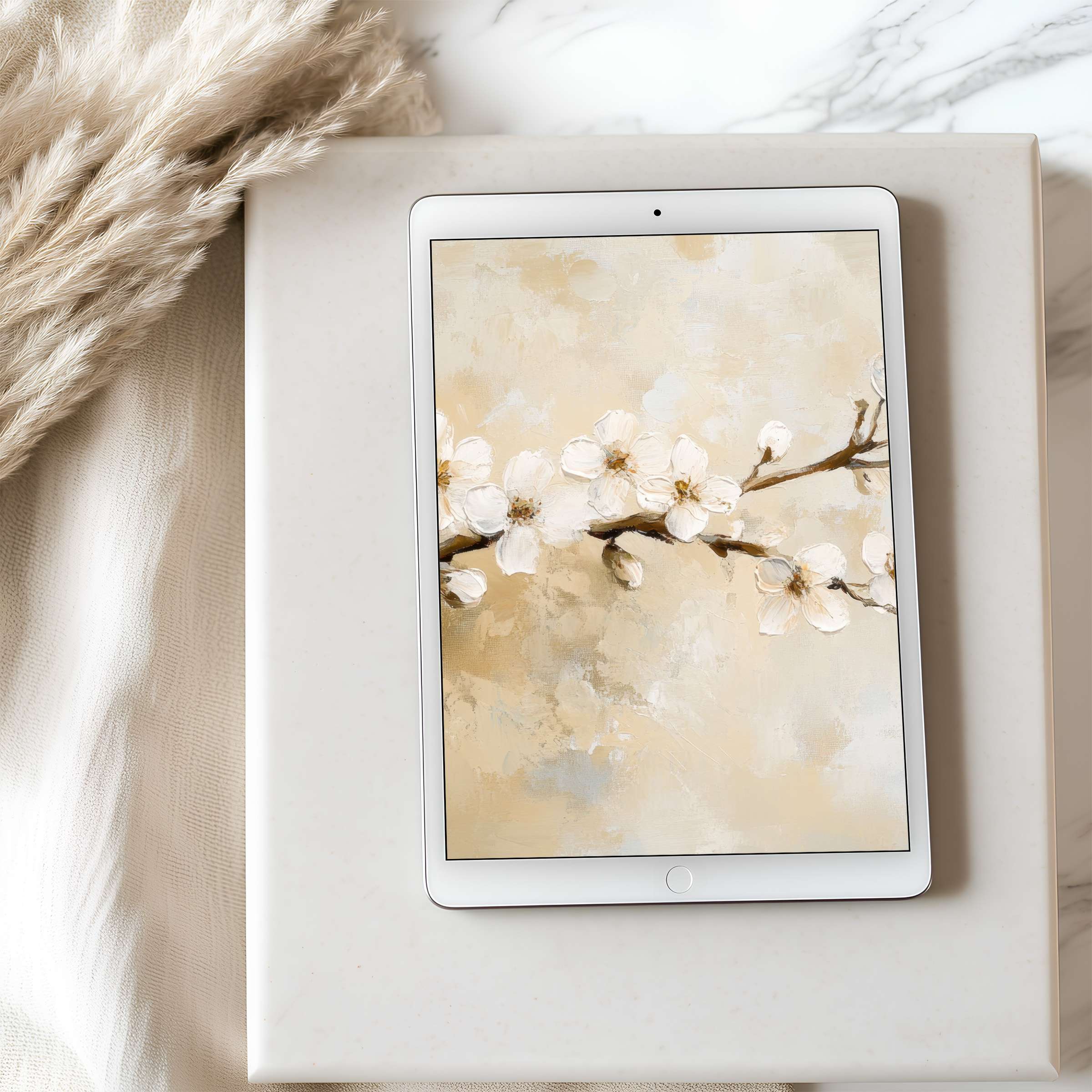 Elegant blossom motif tablet wallpaper in high resolution inspiring calmness and sustainability for iPad and Android digital download