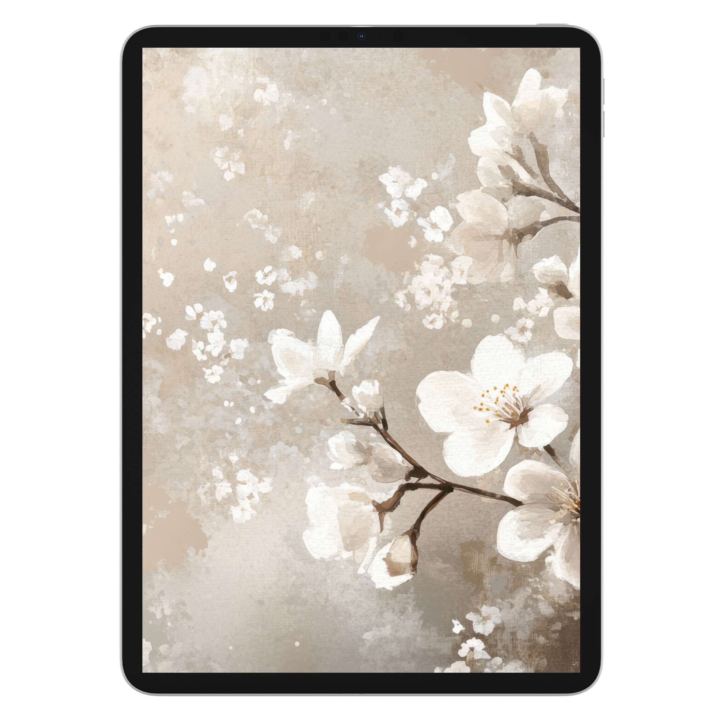 Elegant spring iPad wallpaper featuring delicate white blossoms on a muted beige canvas digital download for tablet background art lovers