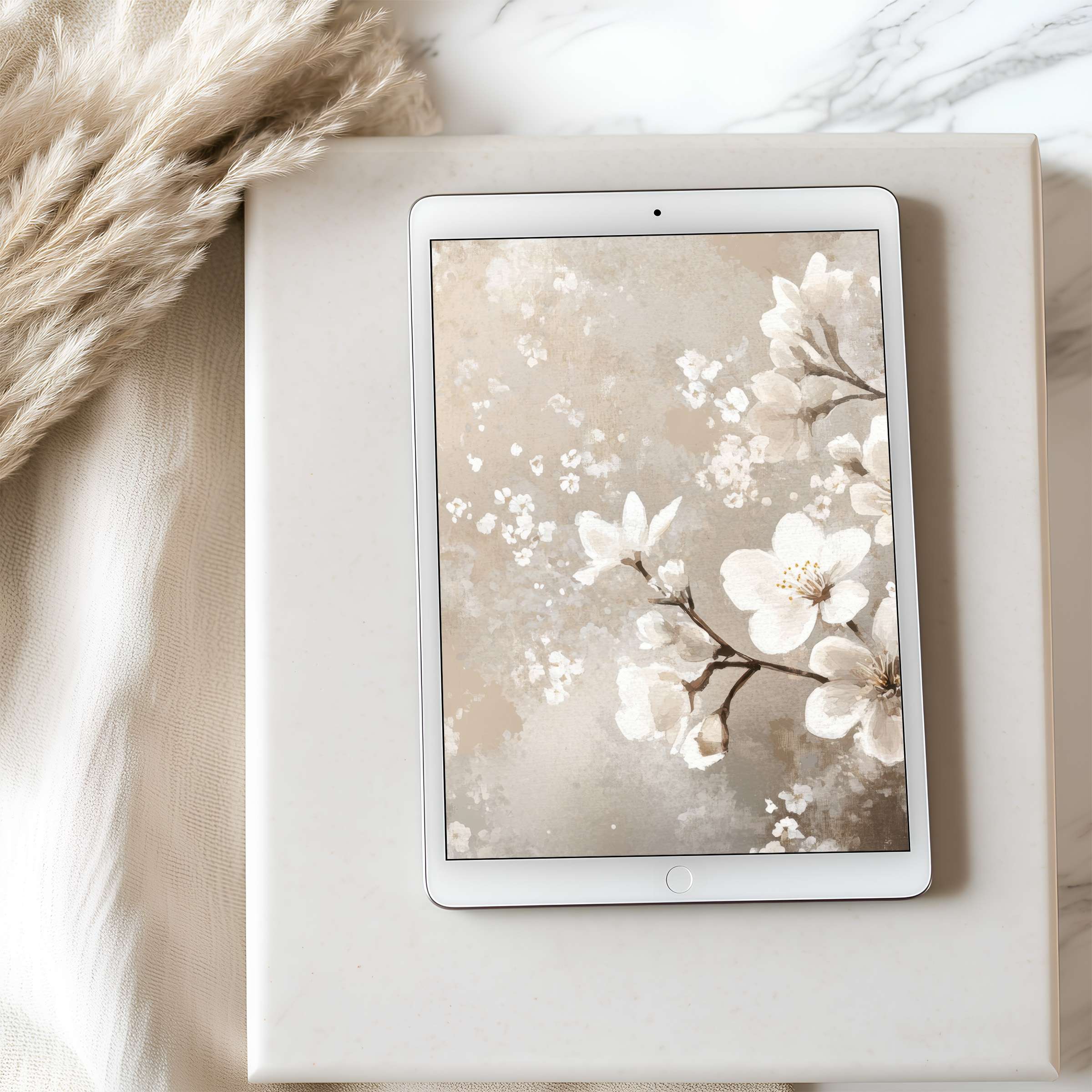 Elegant floral tablet wallpaper in soft neutrals creates a serene atmosphere, perfect for iPad digital download in high resolution