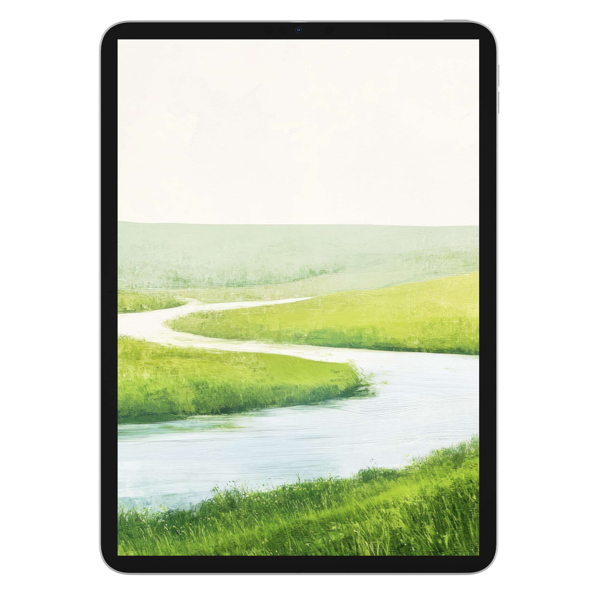 Serene spring iPad wallpaper featuring lush green fields and a meandering river, perfect digital download for a refreshing tablet background