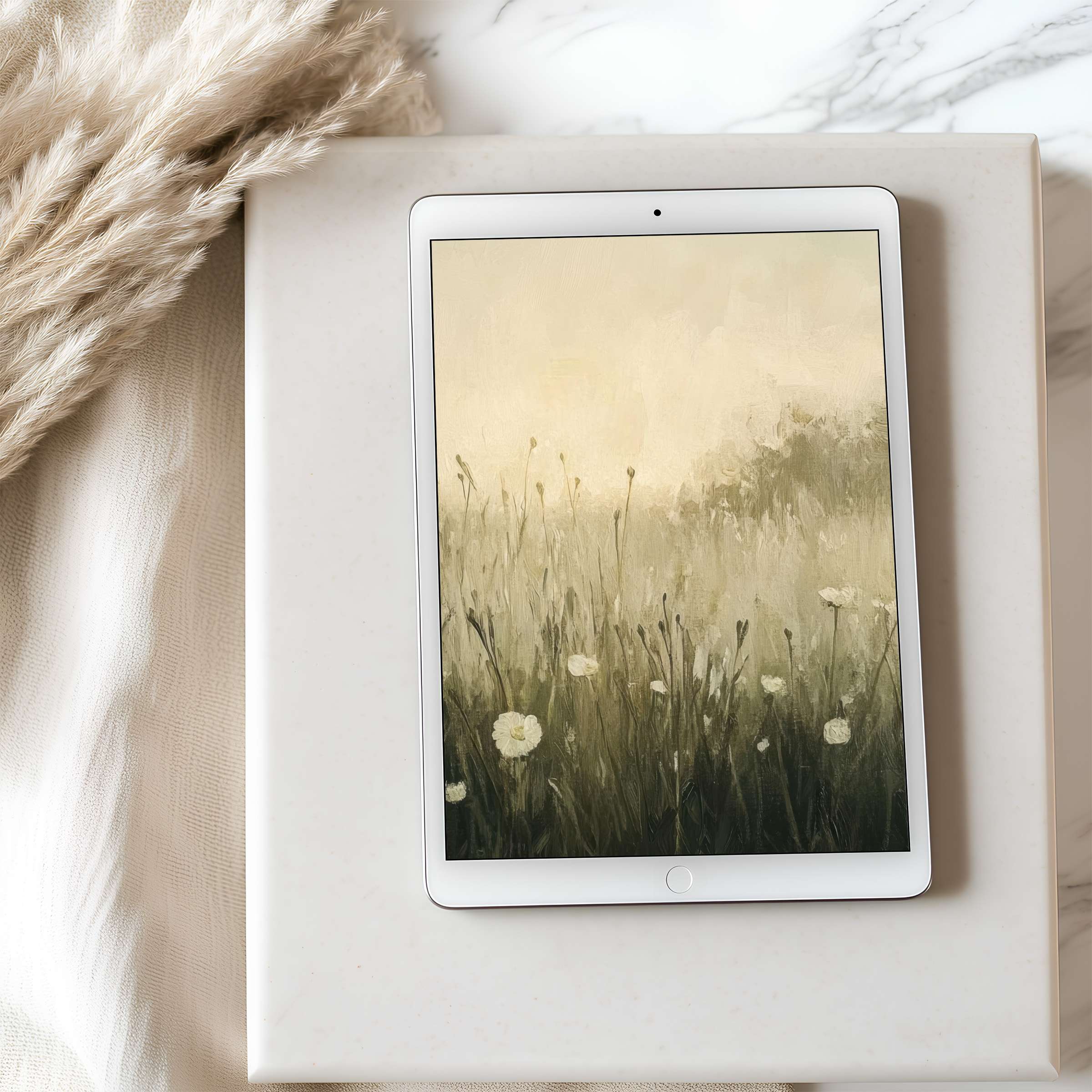 Serene tablet wallpaper featuring lush green and cream hues in a soft, dreamy floral setting perfect for high resolution iPad displays