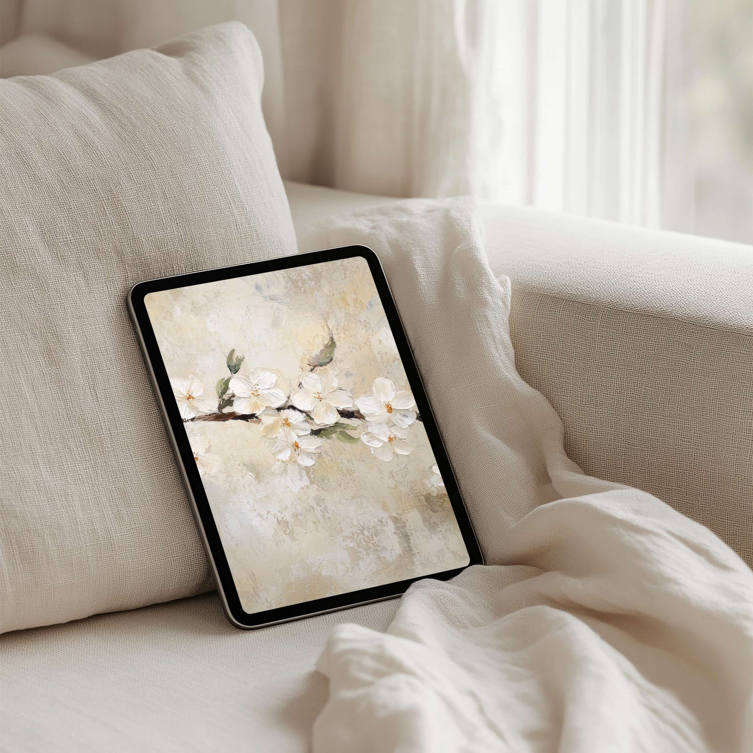 Elegant floral iPad background on tablet, soft beige tones inspire calm and mindfulness, instant download for design-conscious users