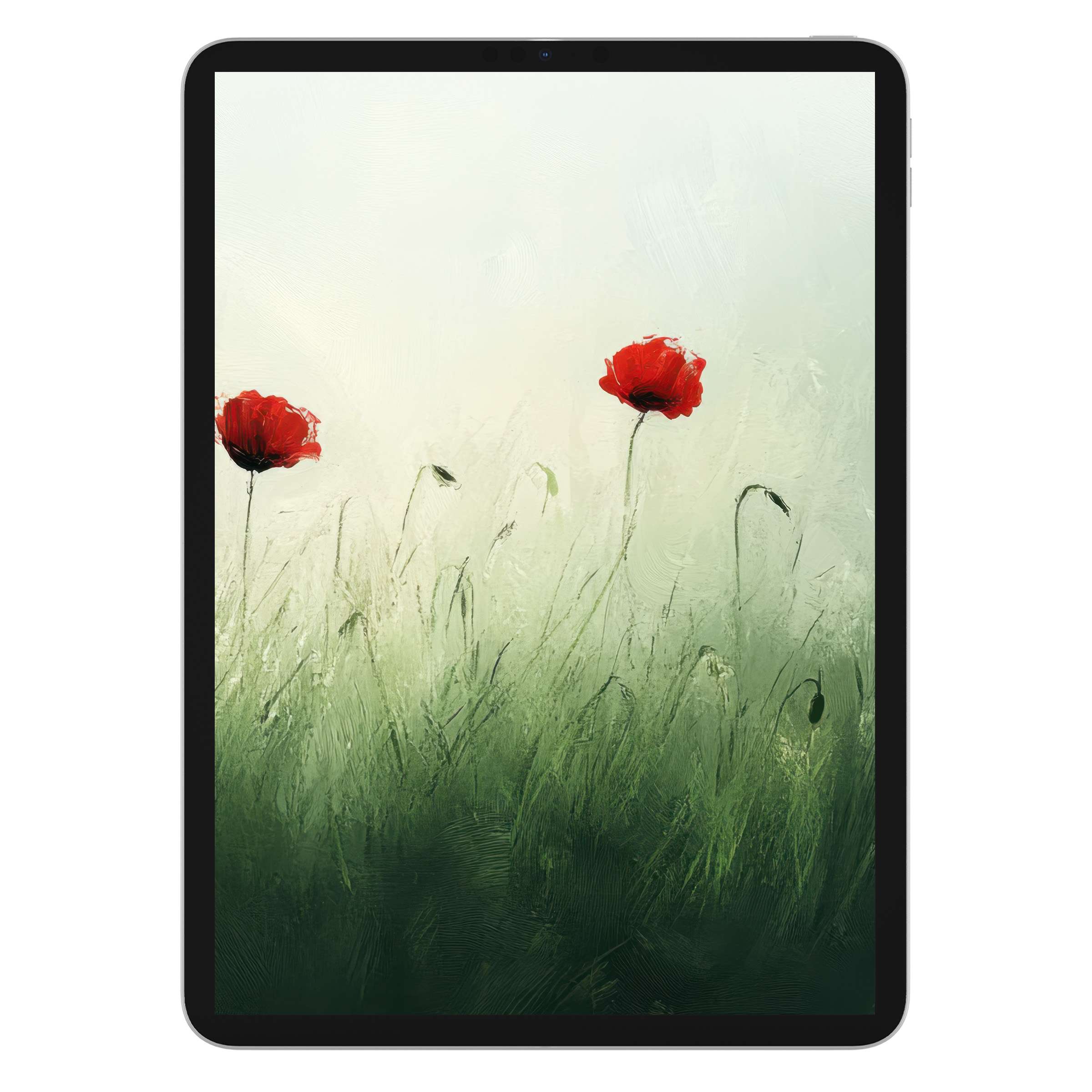 Spring iPad wallpaper digital download showcasing delicate red poppies on a green watercolor background for tablet tranquility and style