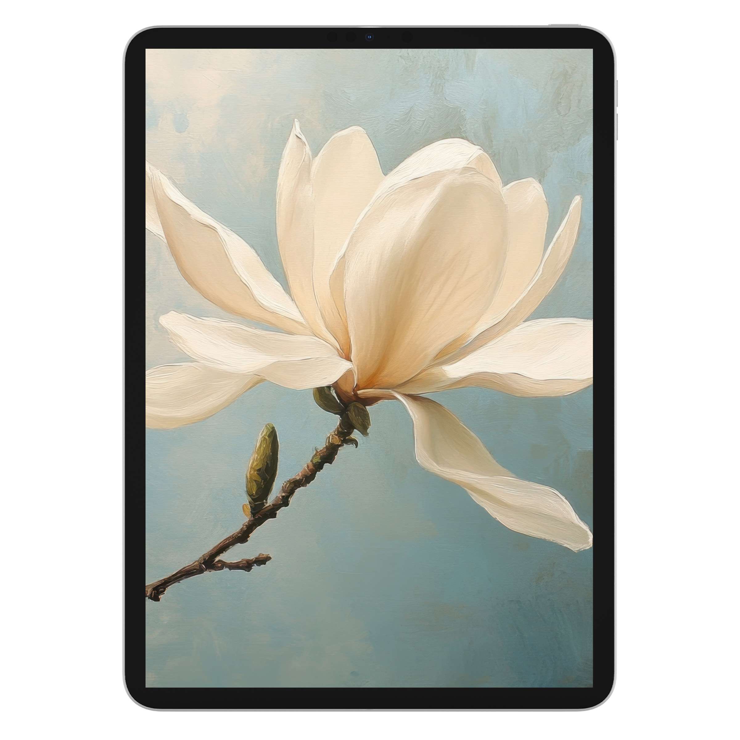 Elegant spring iPad wallpaper featuring a serene magnolia on a painterly blue background, perfect digital download for tablets
