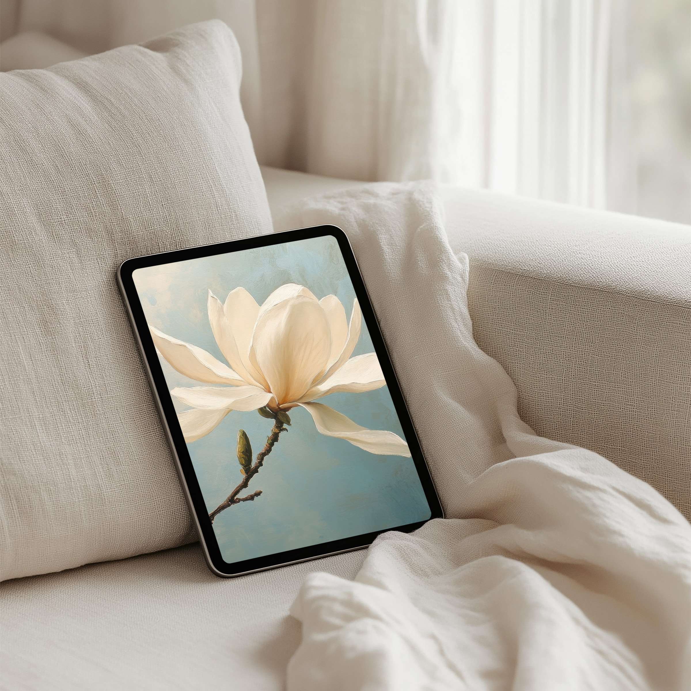 Elegant magnolia art on iPad background evokes mindfulness and calm fits all tablets instant download for inspiration