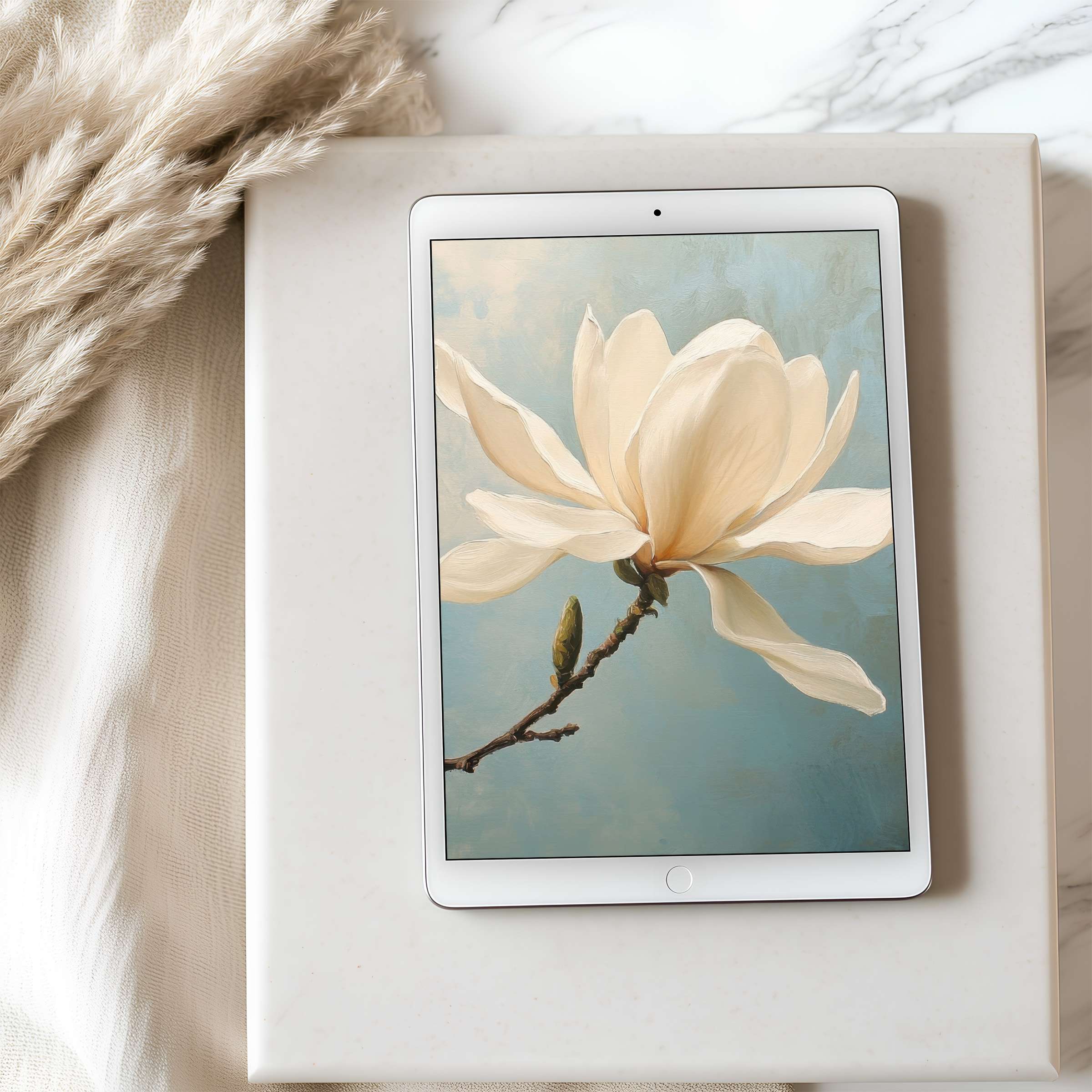 Elegant magnolia artwork on tablet wallpaper, perfect for iPad and Android tablets, offering high resolution and calming aesthetics