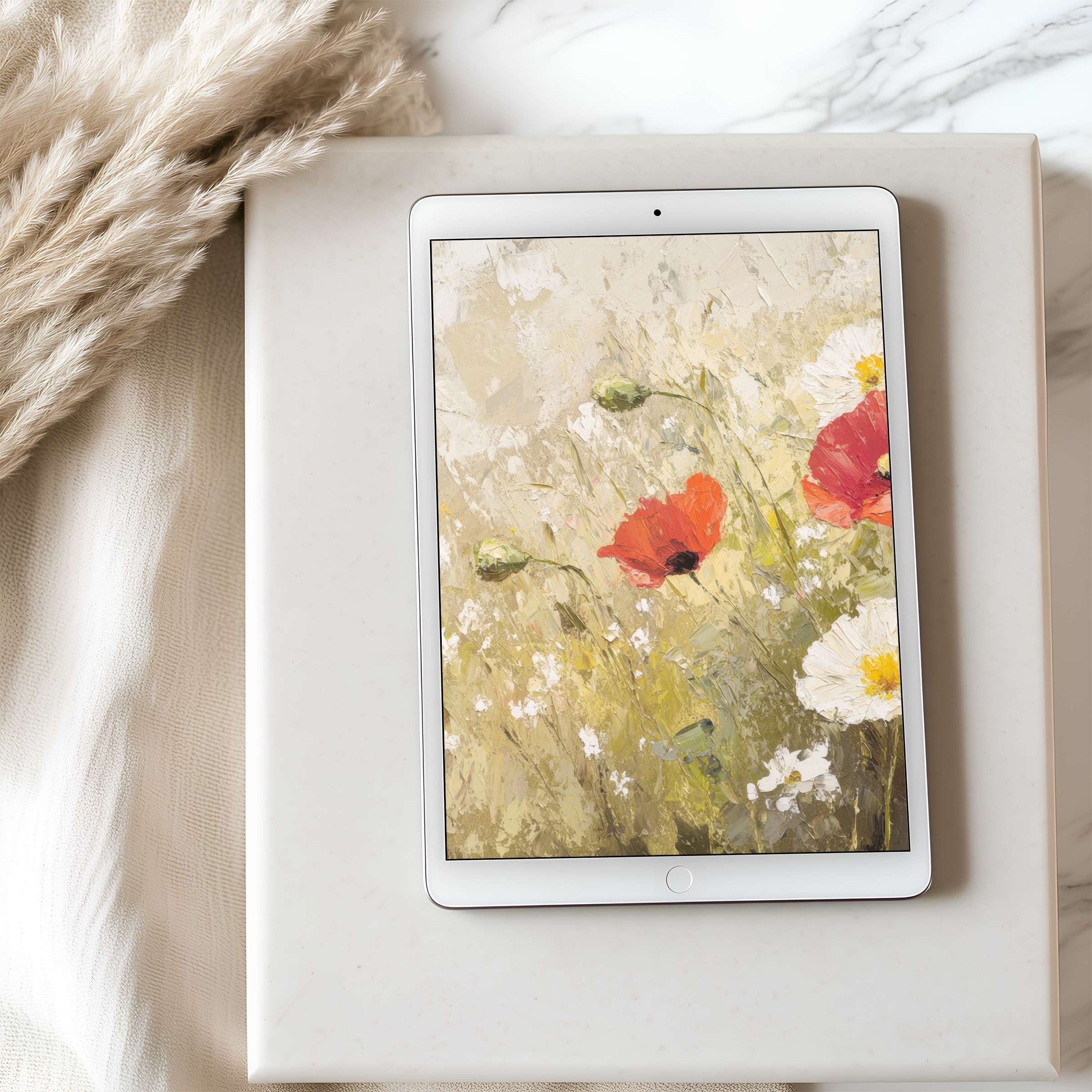 Serene wildflower tablet wallpaper in a high-resolution digital download for iPad or Android, enhancing calm and sustainable aesthetics