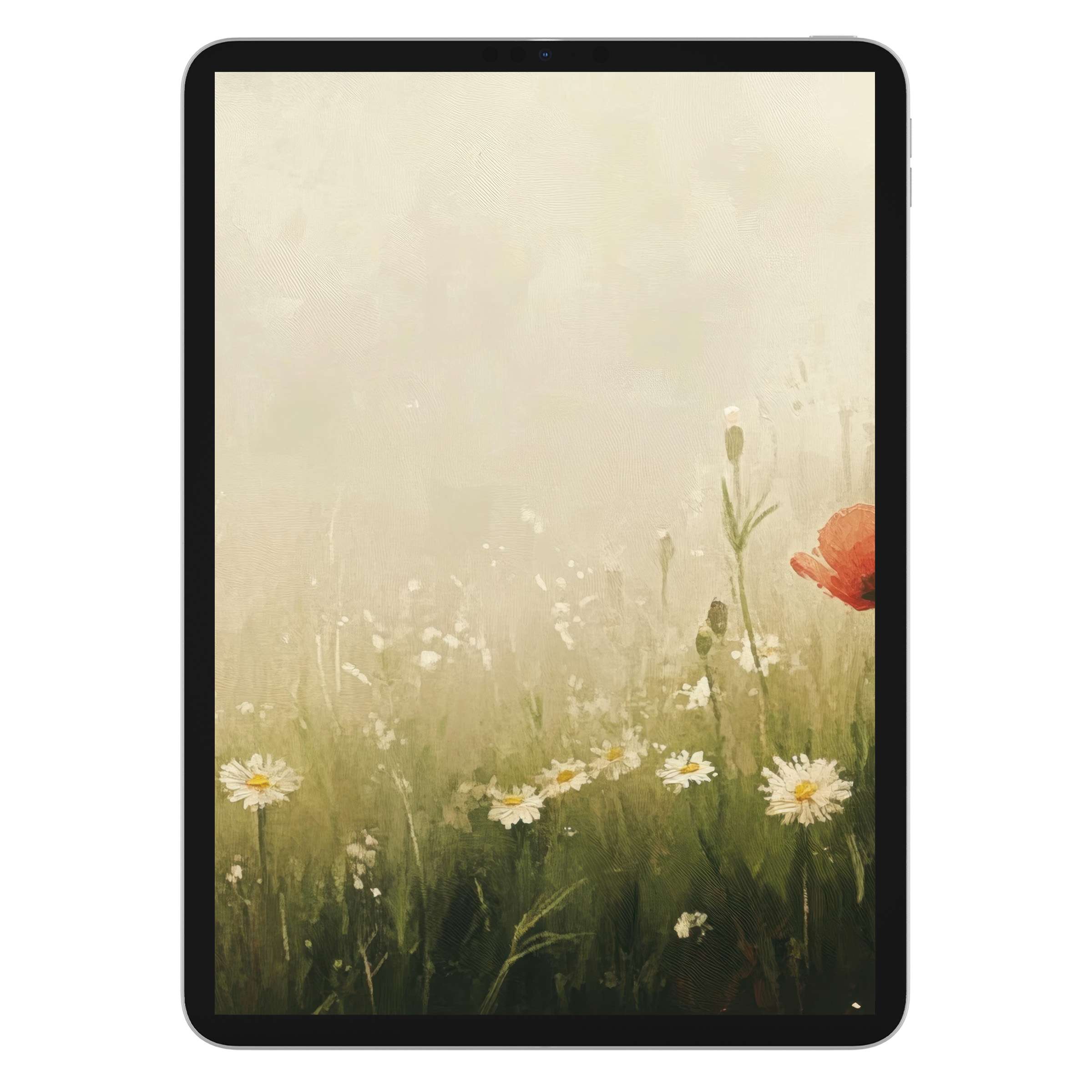 Spring iPad wallpaper digital download features a serene meadow scene with daisies and a poppy, creating an elegant background for tablet users