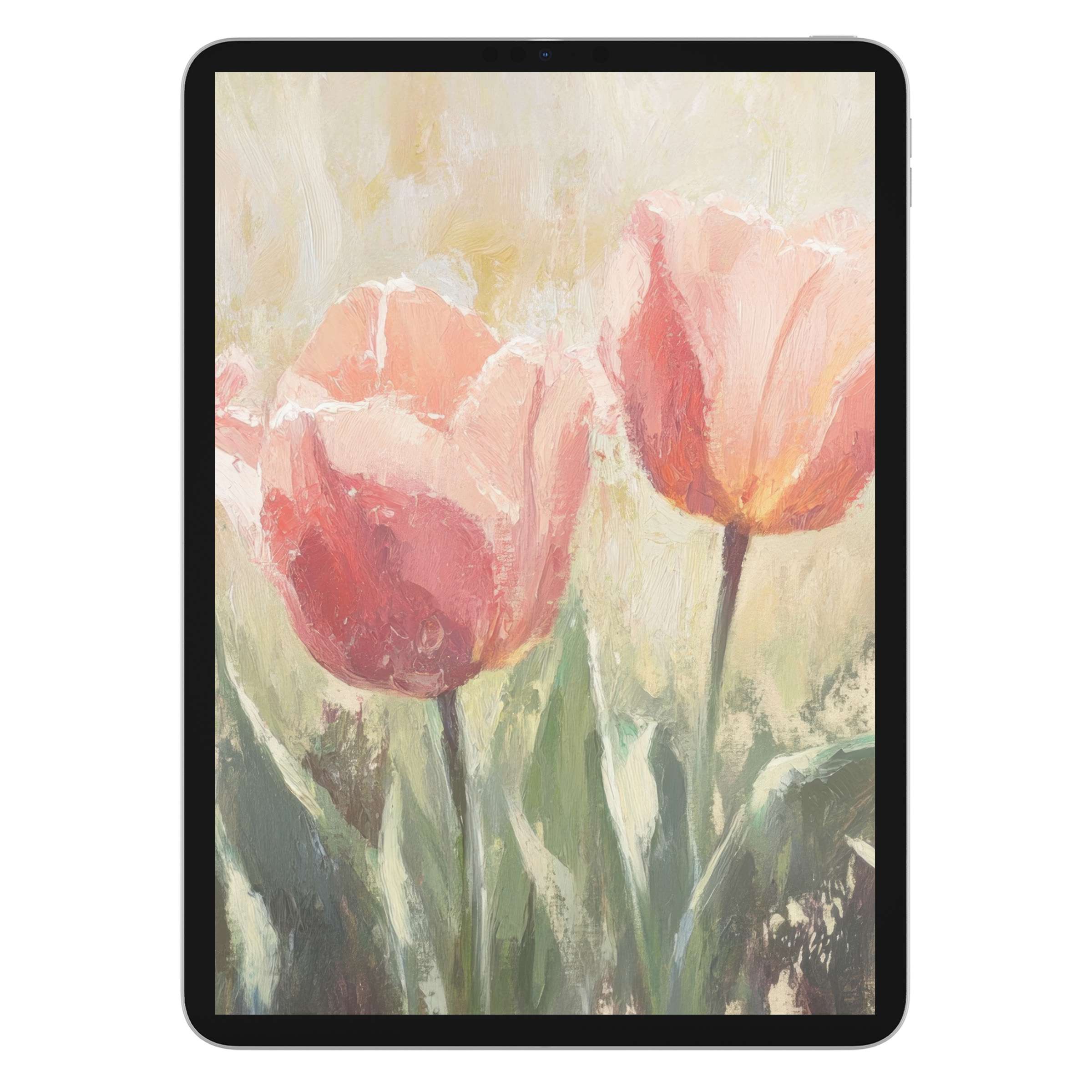 Elegant spring iPad wallpaper featuring soothing pastel tulips in an impressionist style, perfect digital download for tablet background