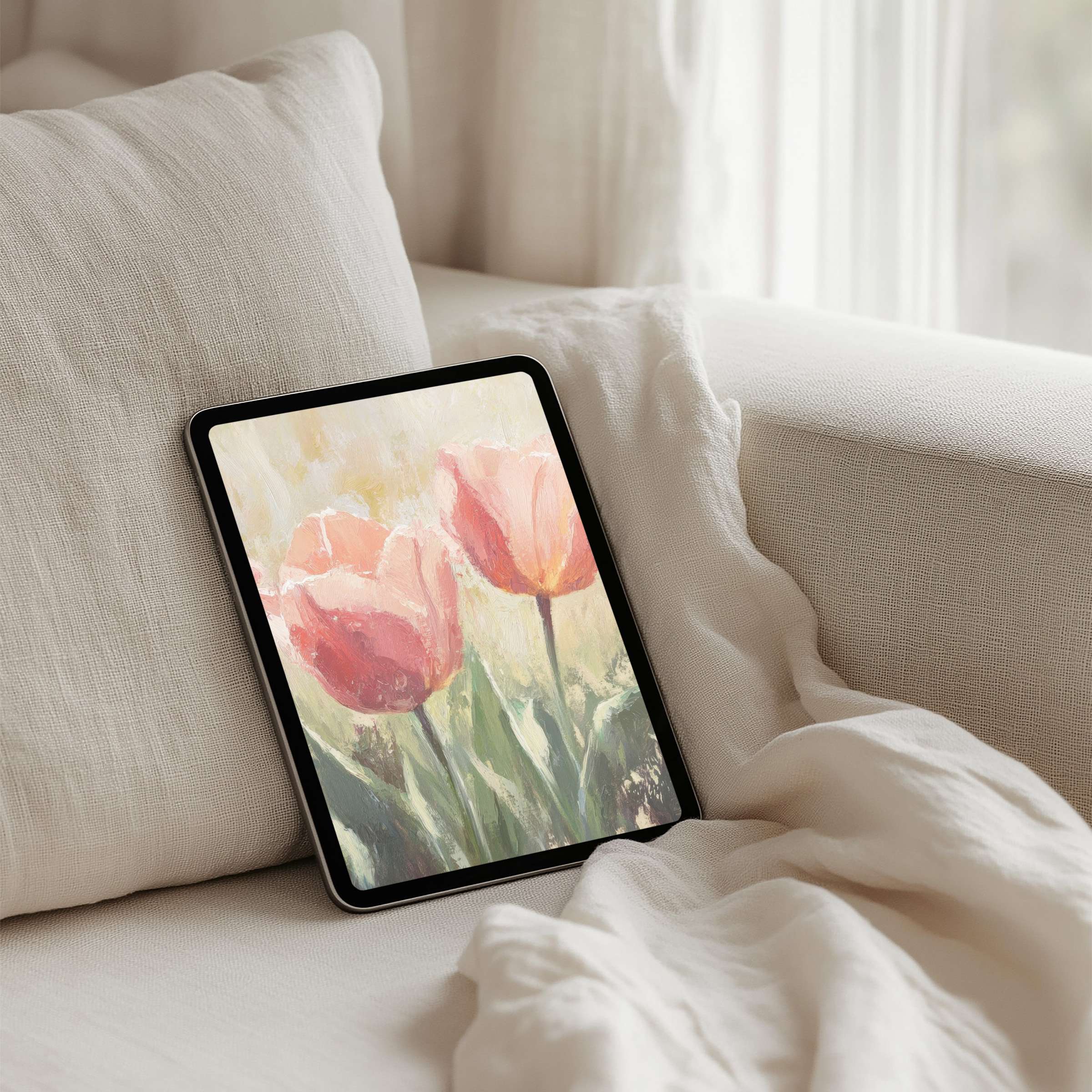 Romantic pastel tulips iPad background for instant download elevates your tablet's elegance and inspires calm, mindful moments