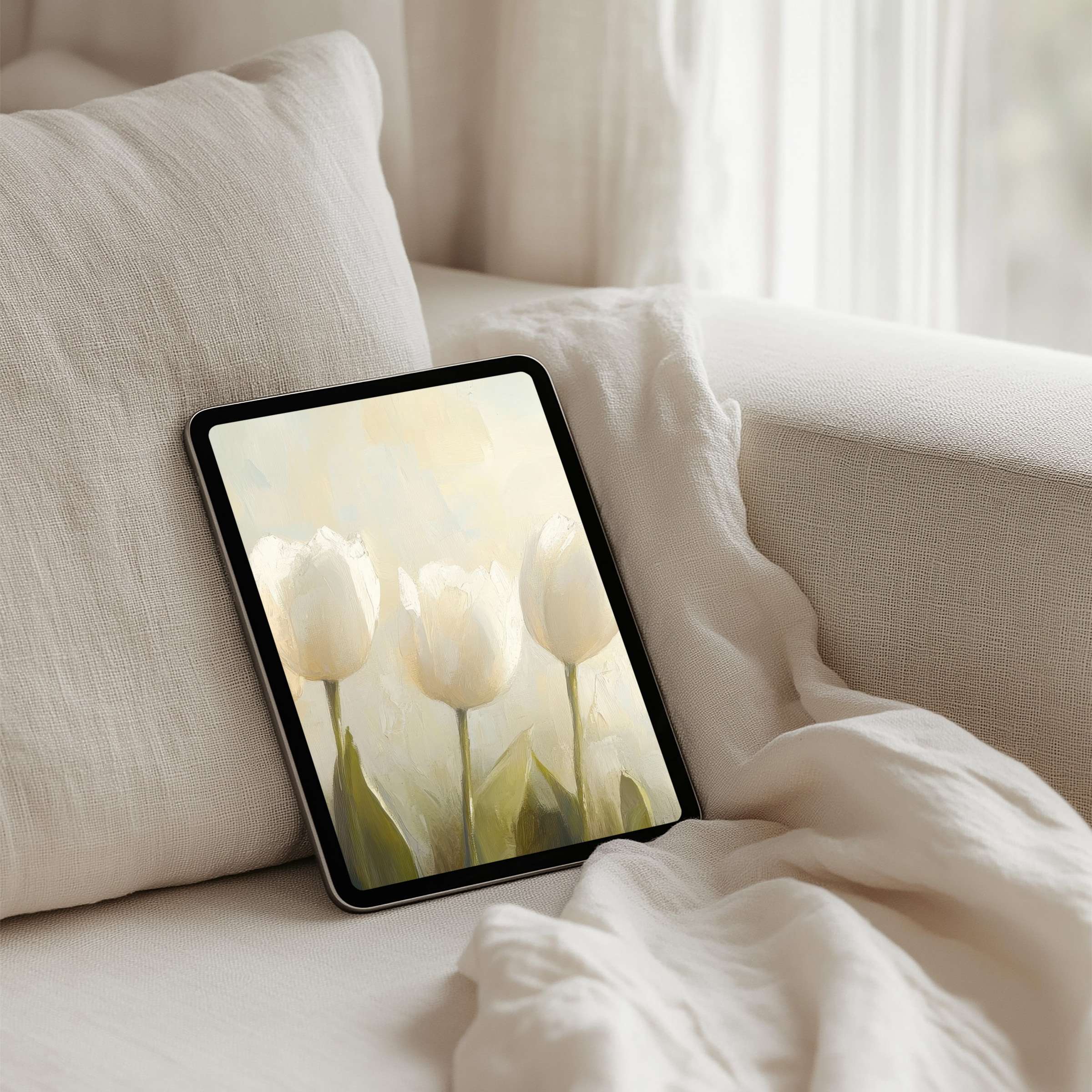 Elegant white tulips painting on iPad background offers instant download for tablets, bringing calm, mindfulness, and inspiration to your space