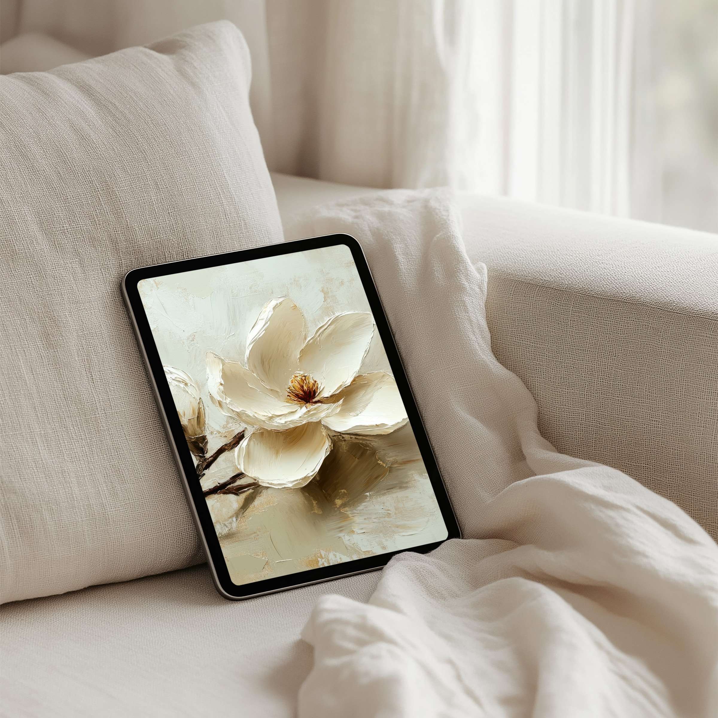 Elegant floral iPad background for instant download on tablet devices, offers calm inspiration with soft beige tones and textures