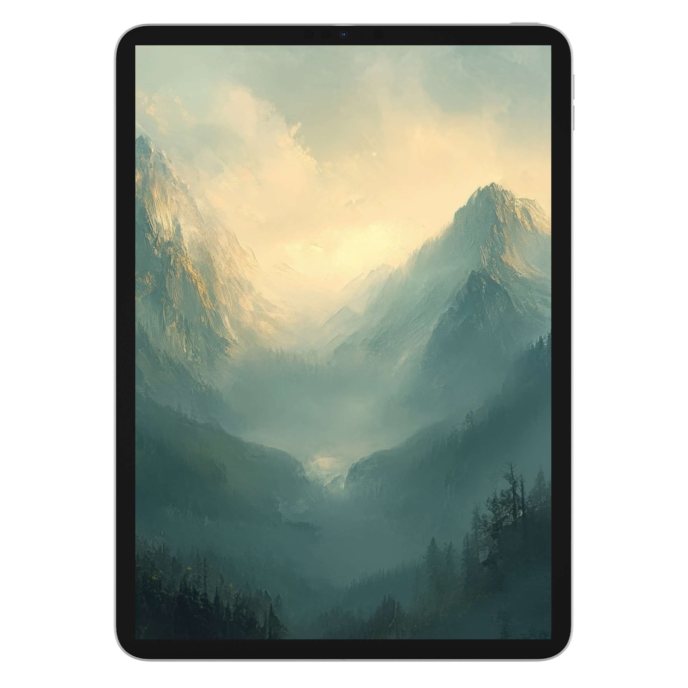 Enchanting spring iPad wallpaper featuring serene misty mountains in pastel hues perfect as a digital download background for tablets