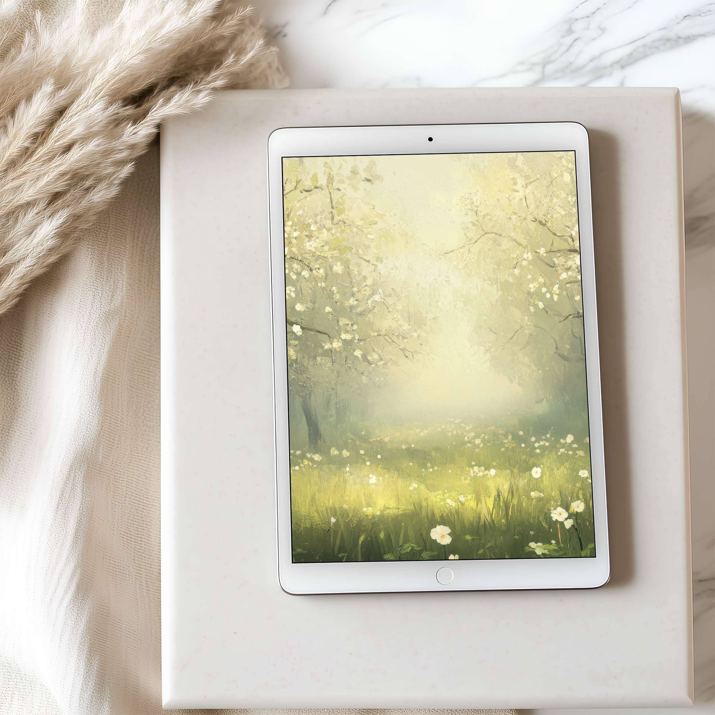 Elegant tablet wallpaper featuring a calming, sunlit meadow with blooming flowers, perfect for high-resolution iPad and Android devices